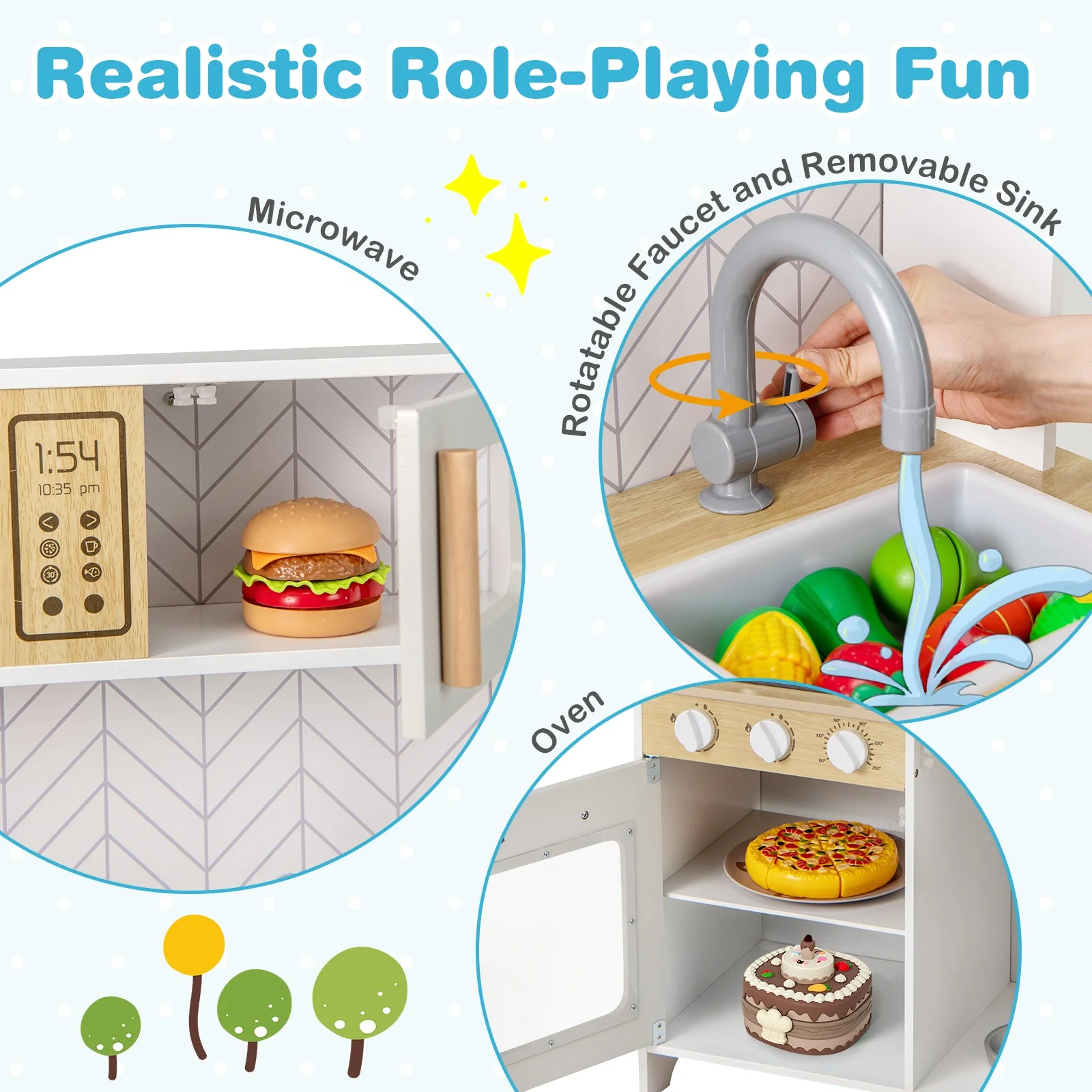 Kids Kitchen Playset with Lights Sounds Microwave Stoves Sink Oven and Cooking Accessories-White - Image 5