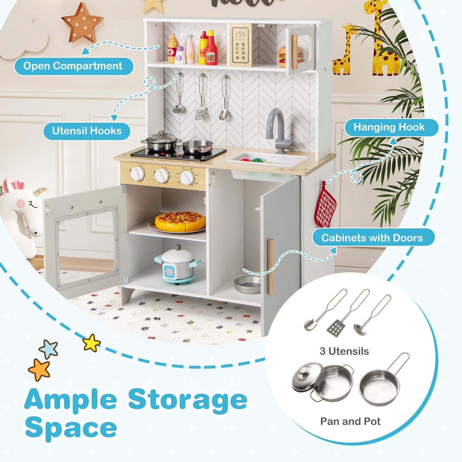 Kids Kitchen Playset with Lights Sounds Microwave Stoves Sink Oven and Cooking Accessories-White - Image 6