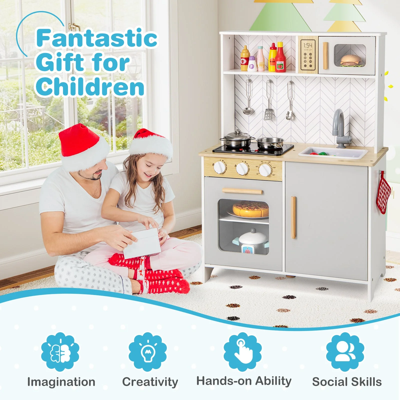 Kids Kitchen Playset with Lights Sounds Microwave Stoves Sink Oven and Cooking Accessories-White - Image 7