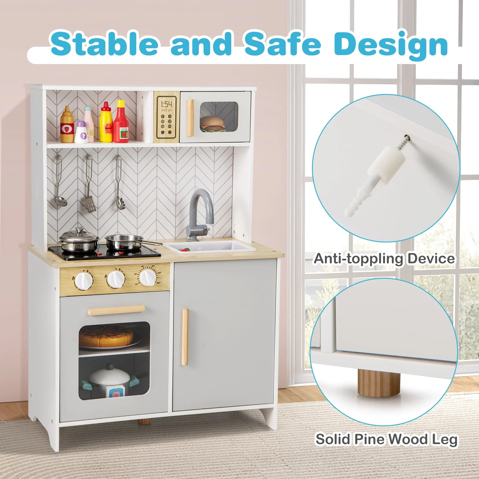 Kids Kitchen Playset with Lights Sounds Microwave Stoves Sink Oven and Cooking Accessories-White - Image 8