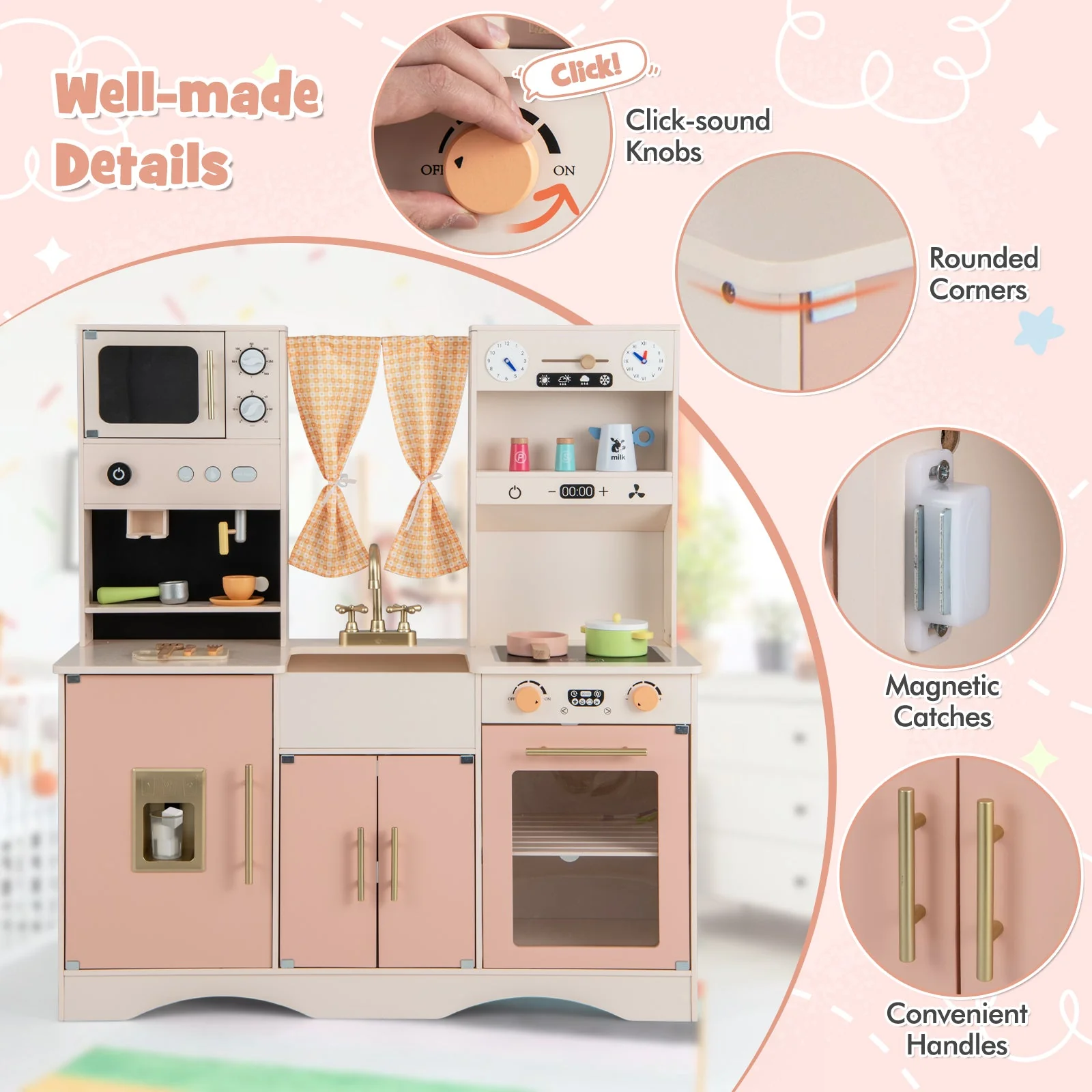 Kids Kitchen Playset with Microwave and Coffee Maker for Ages 3+-Pink - Image 5