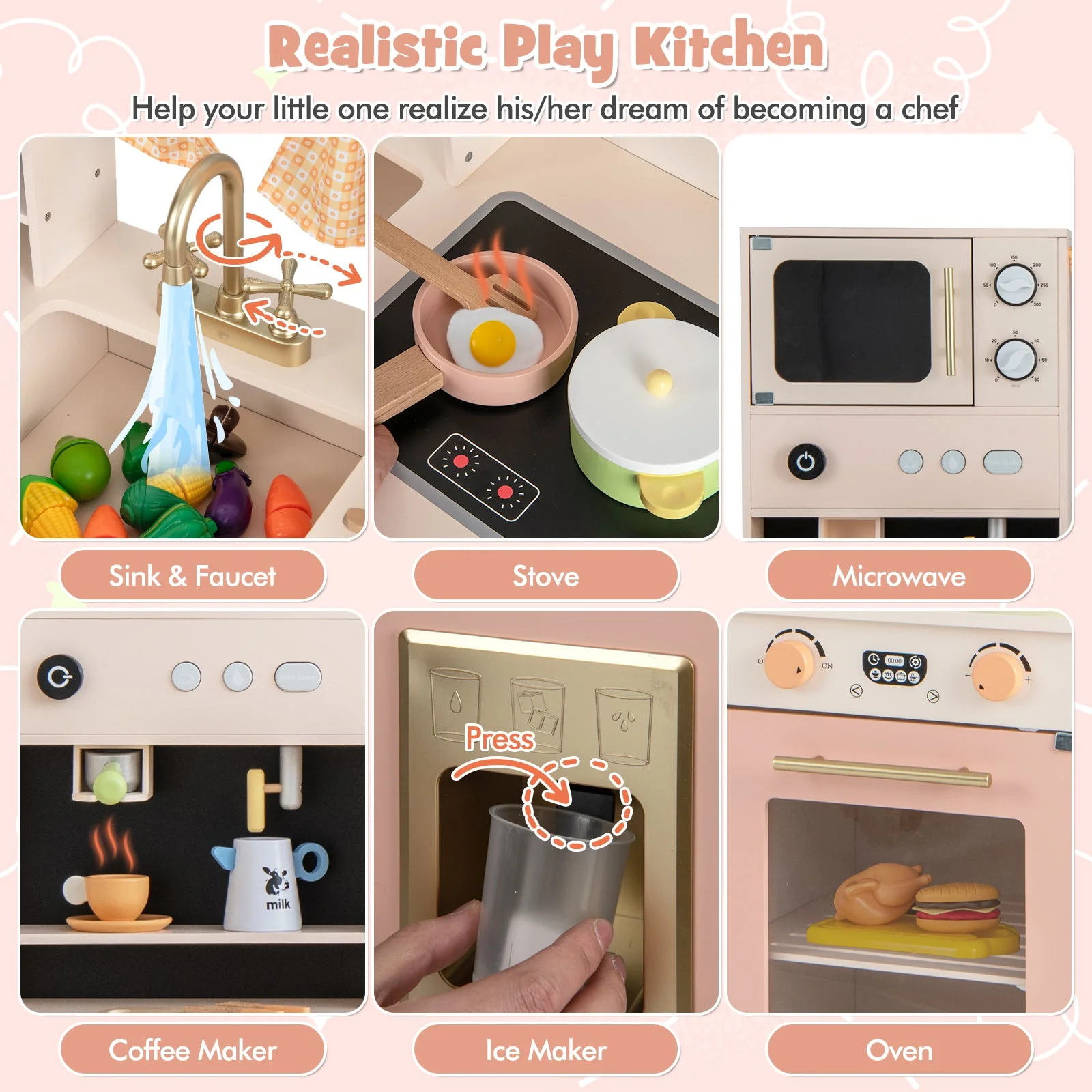Kids Kitchen Playset with Microwave and Coffee Maker for Ages 3+-Pink - Image 6