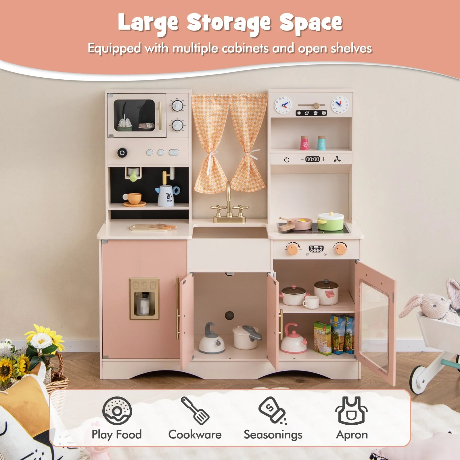 Kids Kitchen Playset with Microwave and Coffee Maker for Ages 3+-Pink - Image 8
