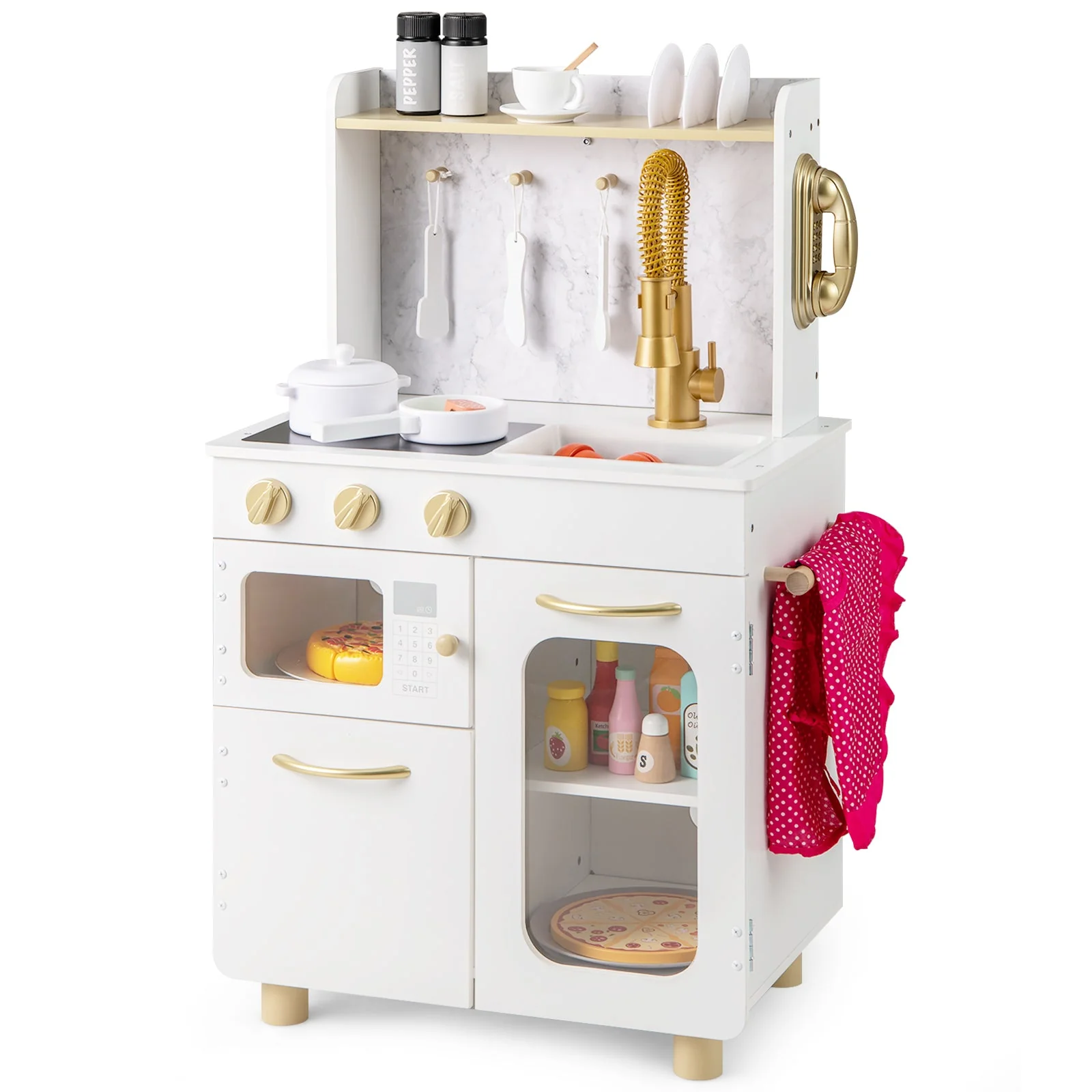 Kids Kitchen Set Pretend Play Kitchen with Stoves Faucet Sink Telephone Microwave and Oven-White - Image 2