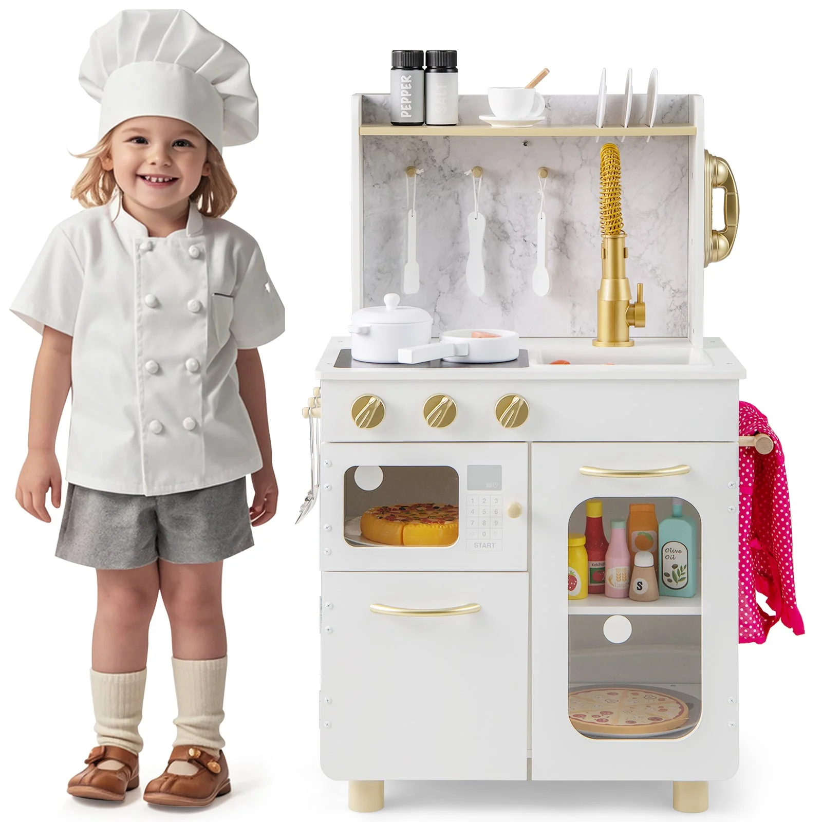 Kids Kitchen Set Pretend Play Kitchen with Stoves Faucet Sink Telephone Microwave and Oven-White - Image 3