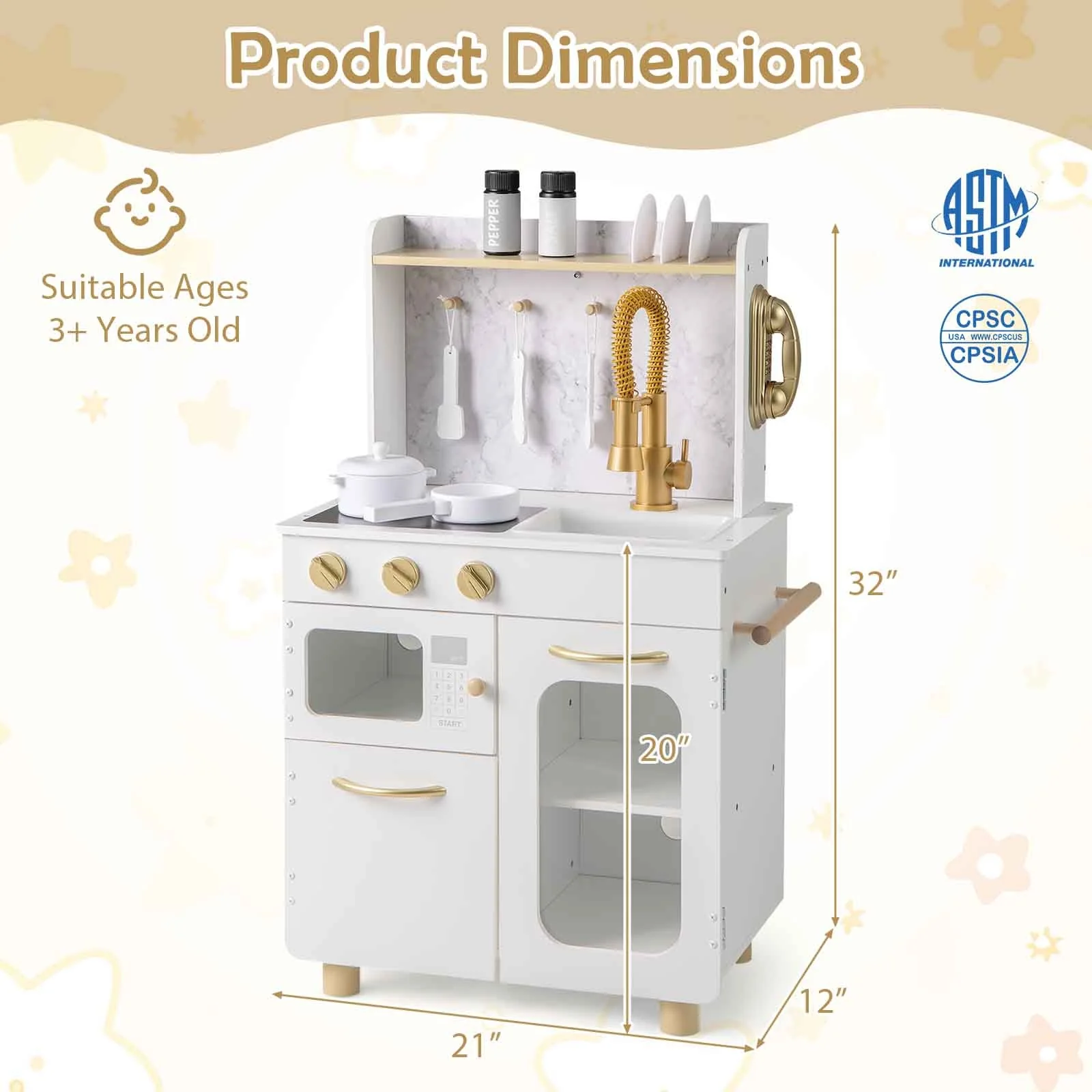Kids Kitchen Set Pretend Play Kitchen with Stoves Faucet Sink Telephone Microwave and Oven-White - Image 4
