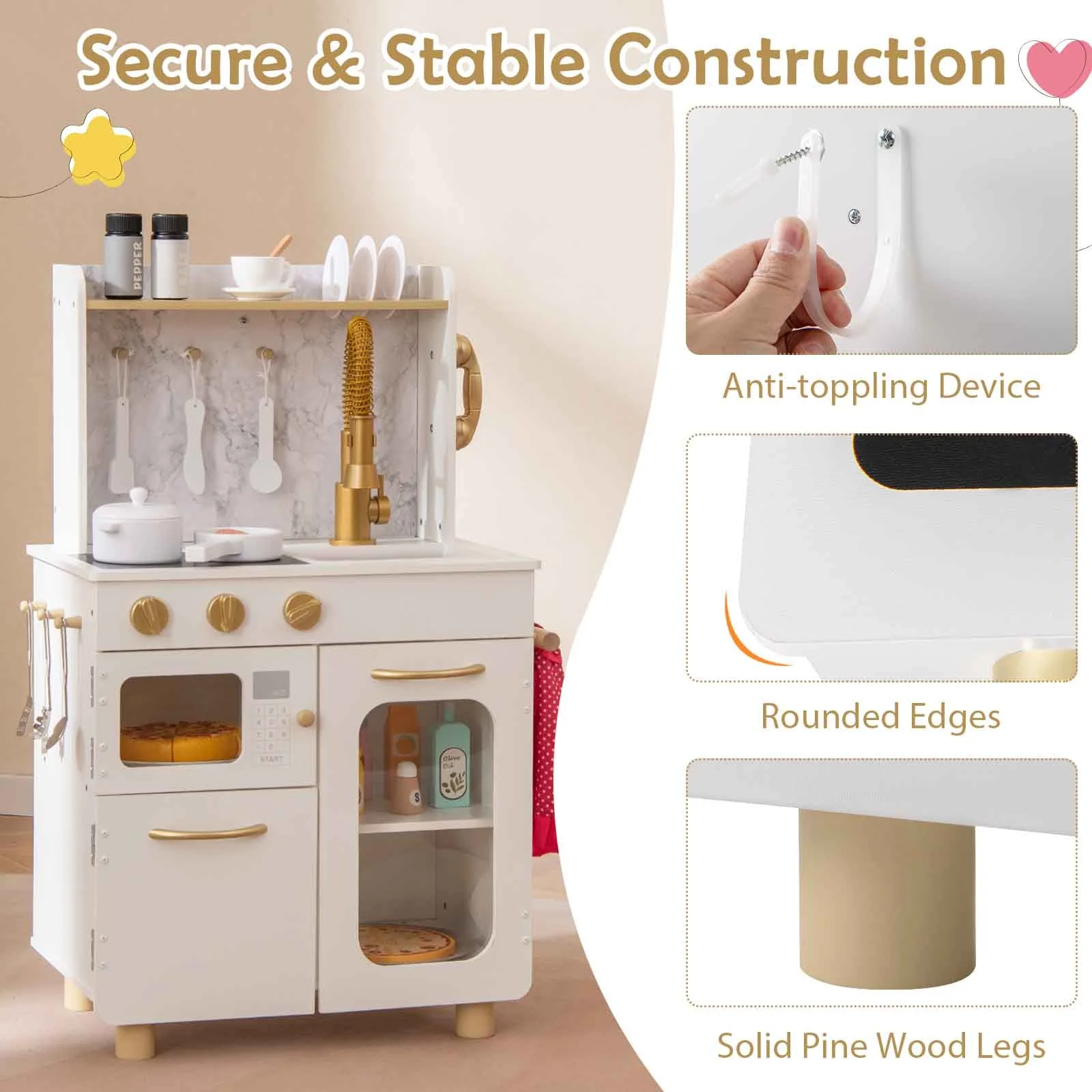 Kids Kitchen Set Pretend Play Kitchen with Stoves Faucet Sink Telephone Microwave and Oven-White - Image 5