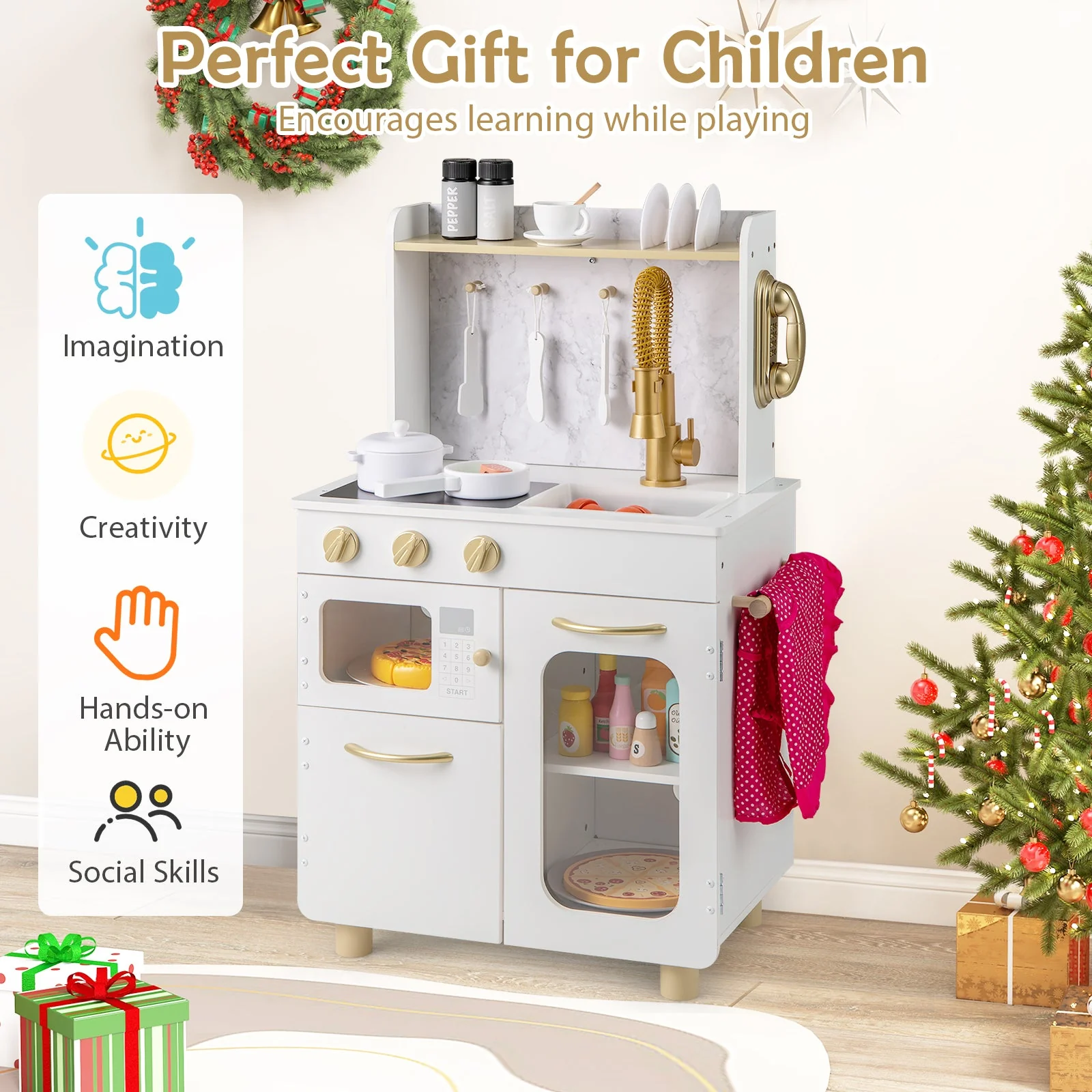 Kids Kitchen Set Pretend Play Kitchen with Stoves Faucet Sink Telephone Microwave and Oven-White - Image 6