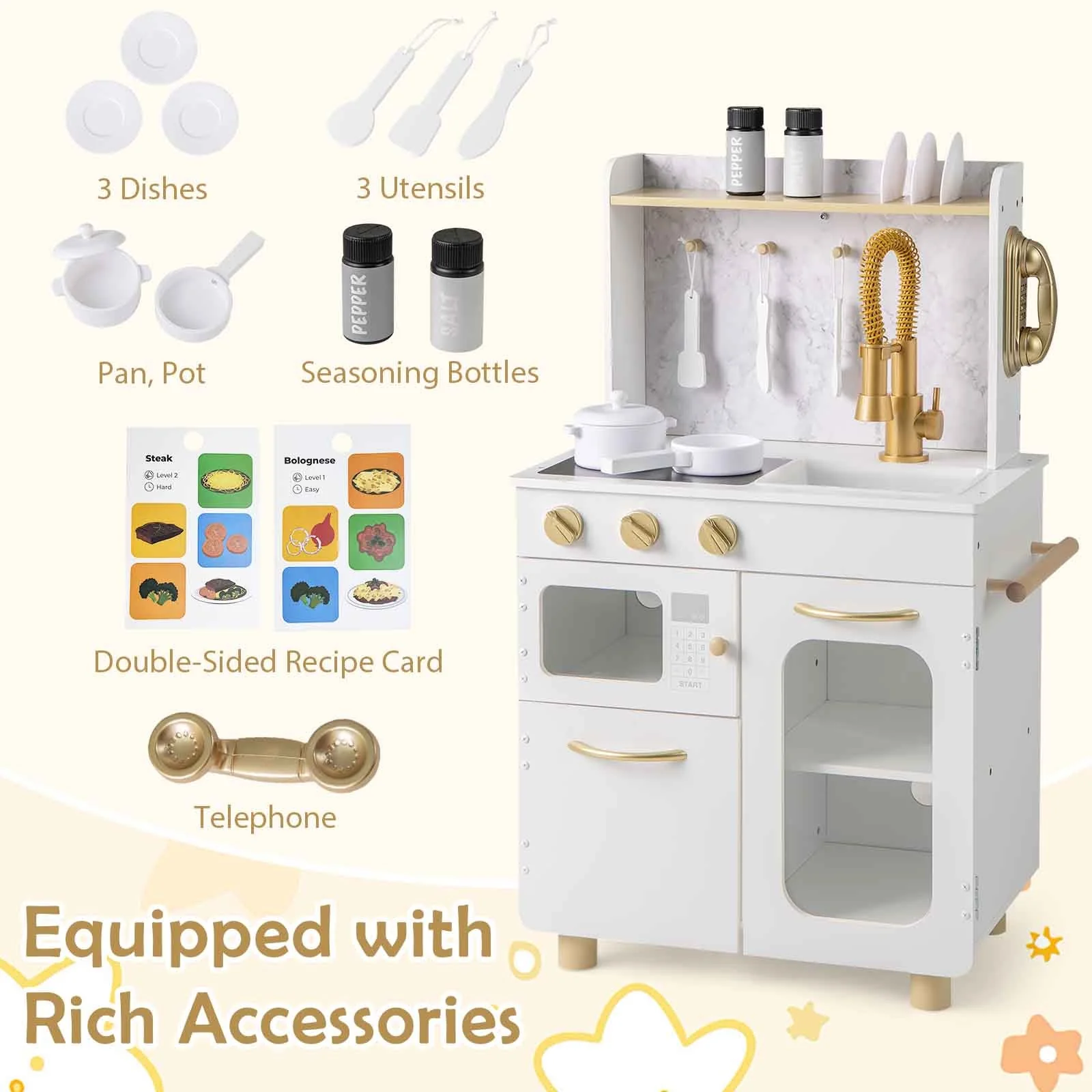 Kids Kitchen Set Pretend Play Kitchen with Stoves Faucet Sink Telephone Microwave and Oven-White - Image 7