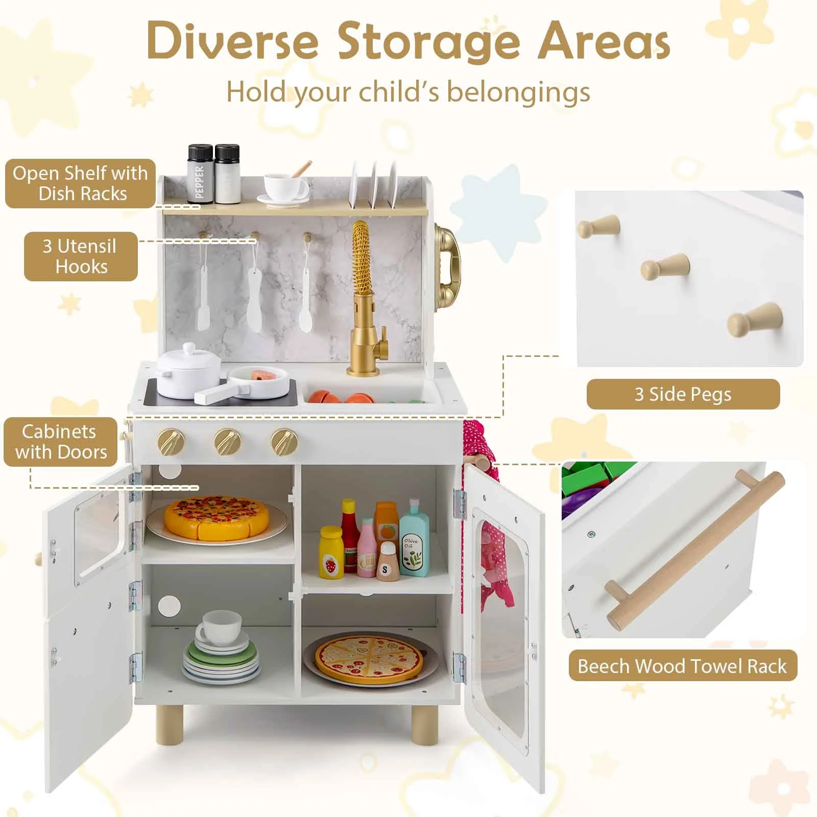 Kids Kitchen Set Pretend Play Kitchen with Stoves Faucet Sink Telephone Microwave and Oven-White - Image 8