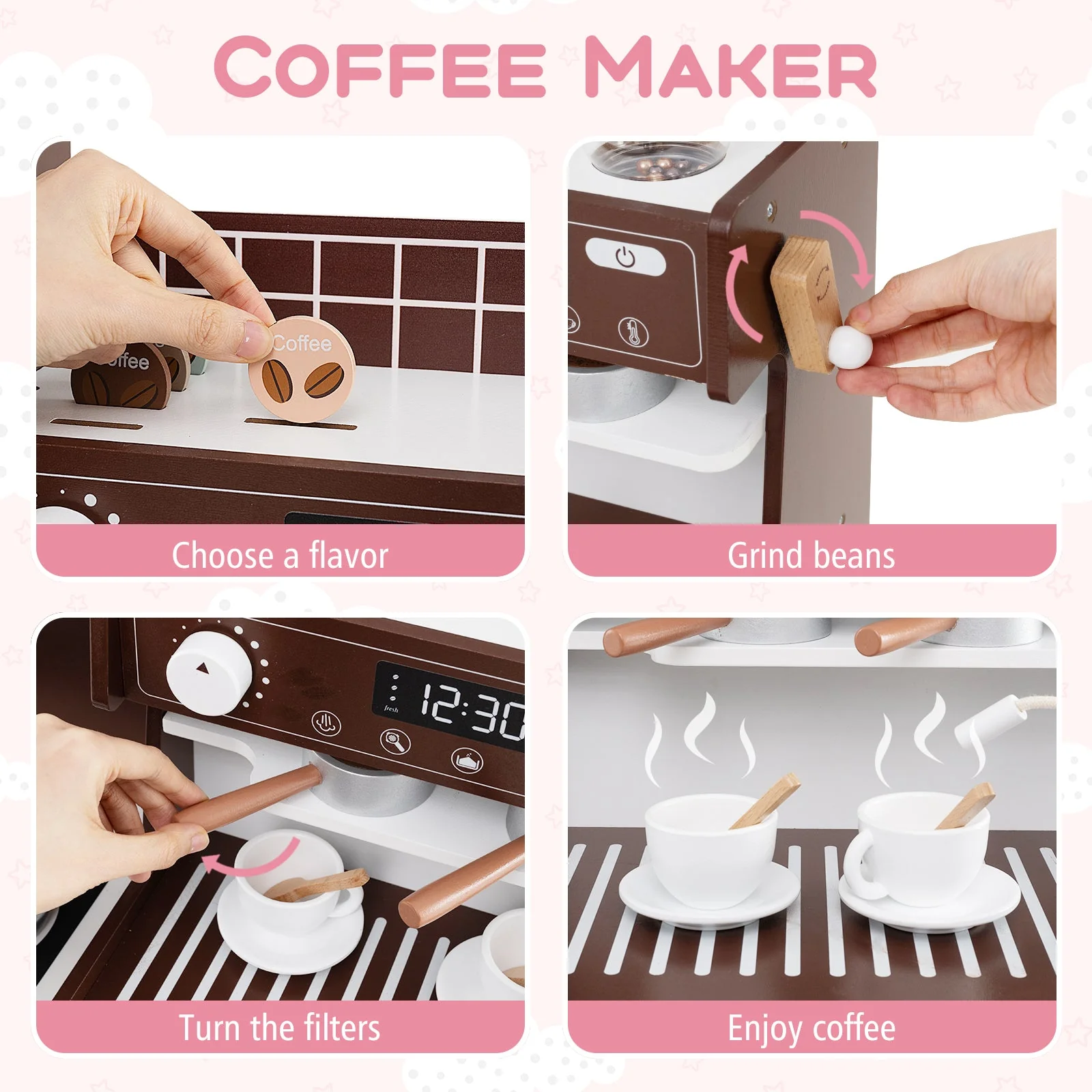 Kids Kitchen Set Wooden with Coffee Makers and Accessories-Coffee - Image 5