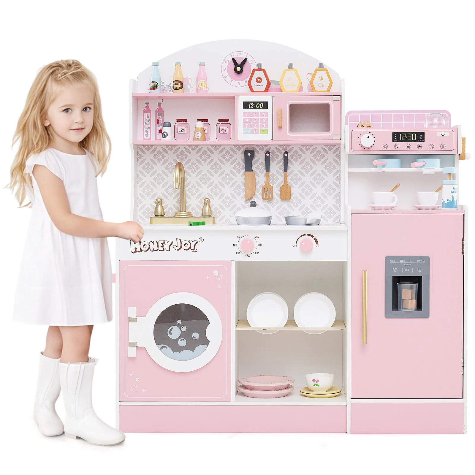Kids Kitchen Set Wooden with Coffee Makers and Accessories-Pink - Image 3