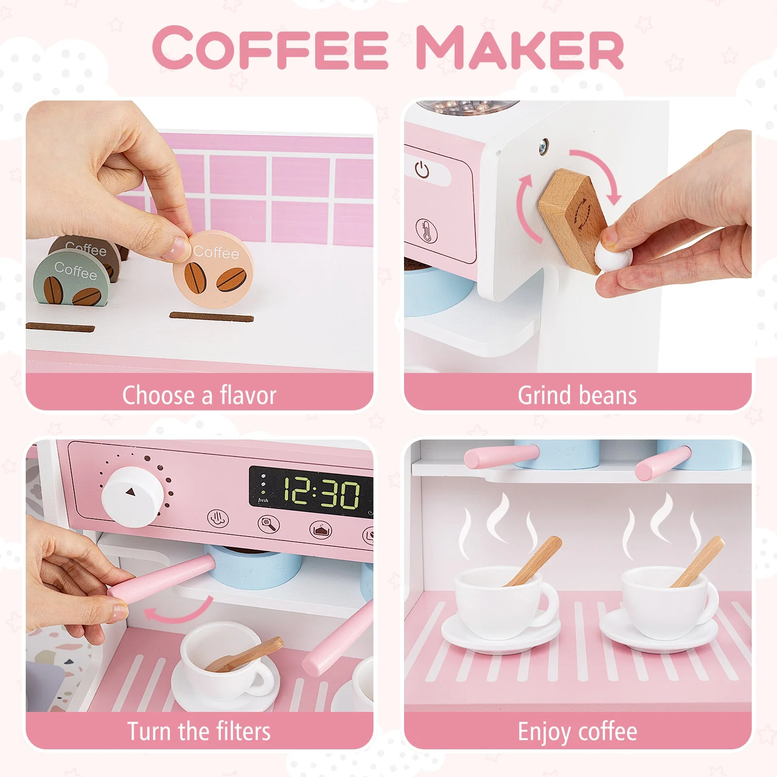 Kids Kitchen Set Wooden with Coffee Makers and Accessories-Pink - Image 5