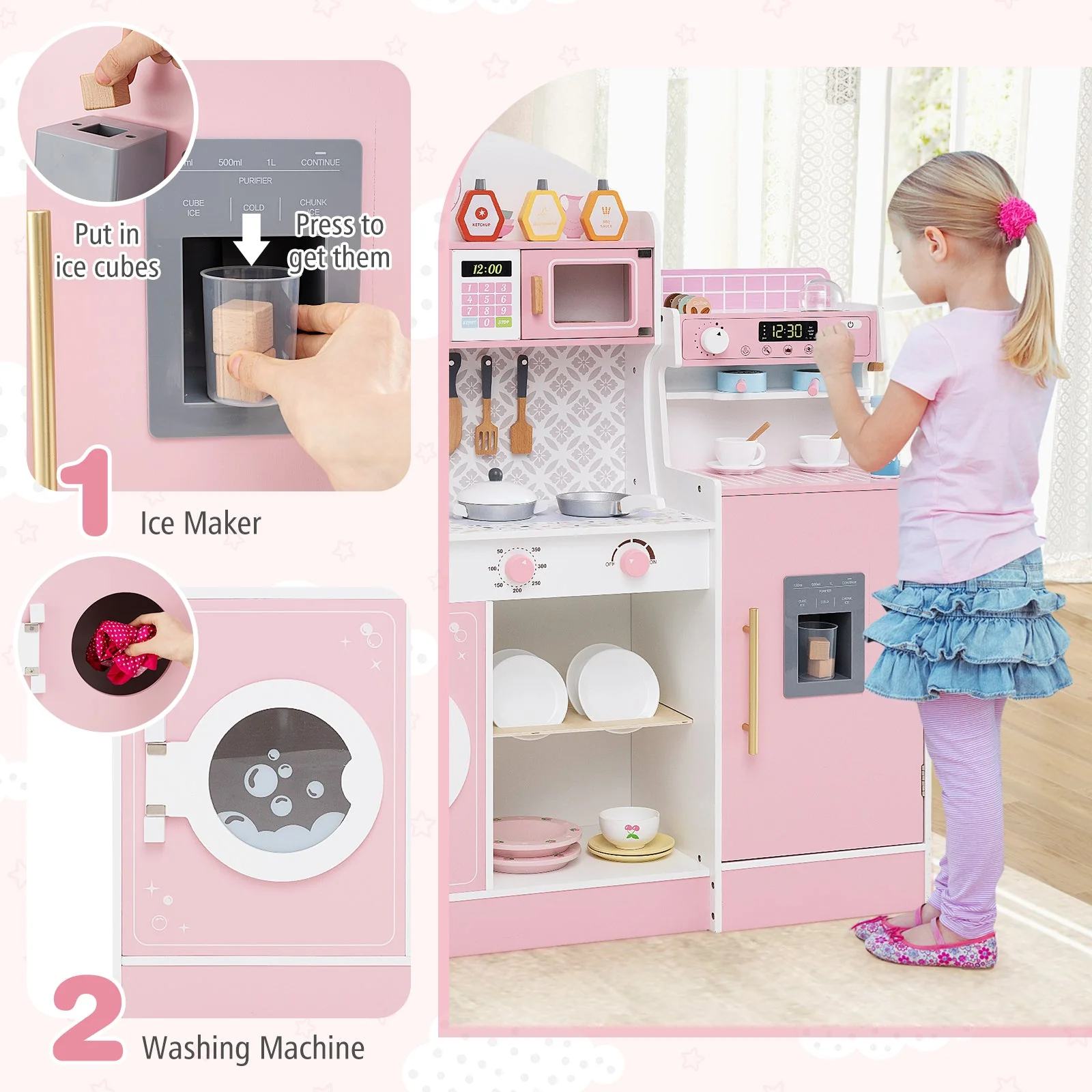 Kids Kitchen Set Wooden with Coffee Makers and Accessories-Pink - Image 6