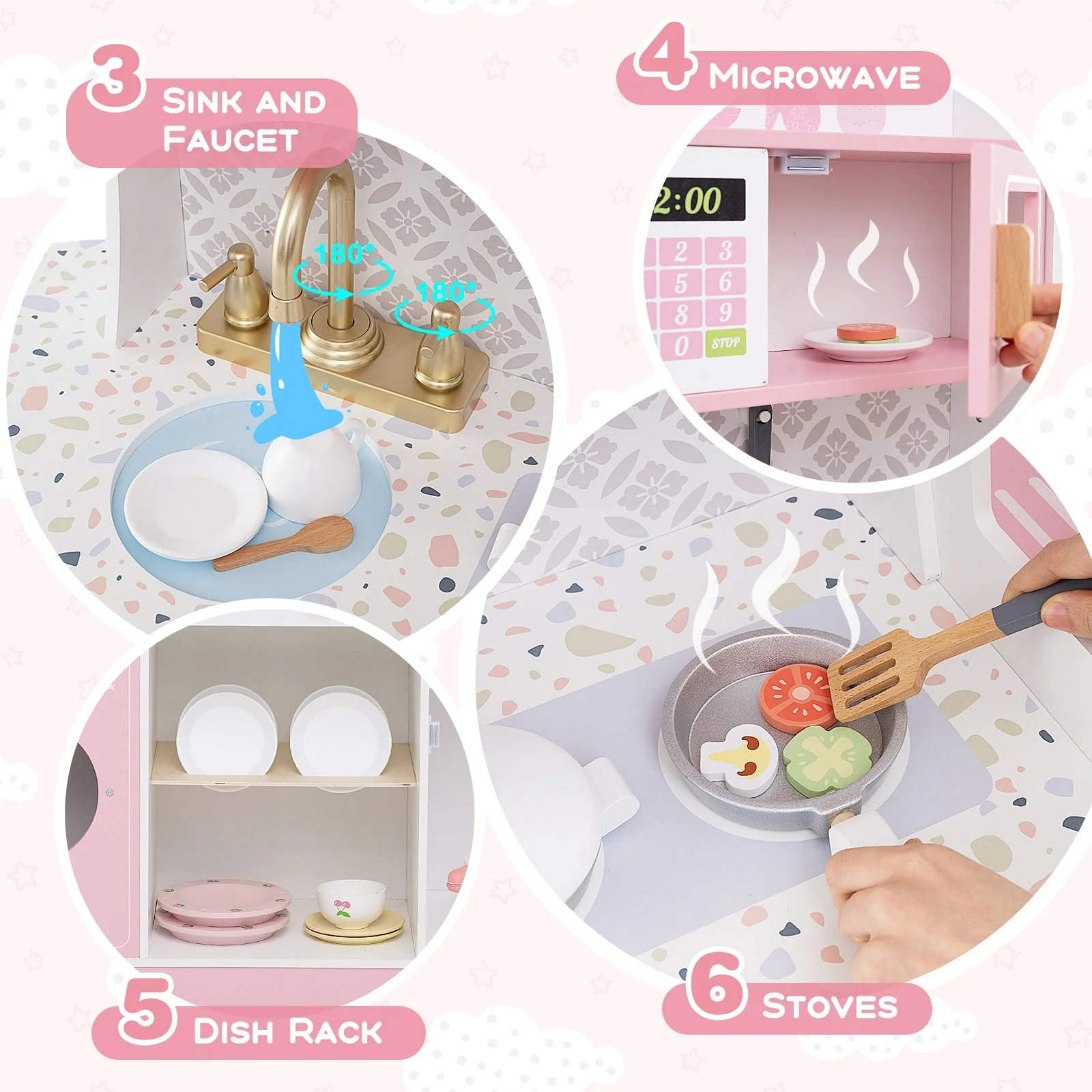 Kids Kitchen Set Wooden with Coffee Makers and Accessories-Pink - Image 7