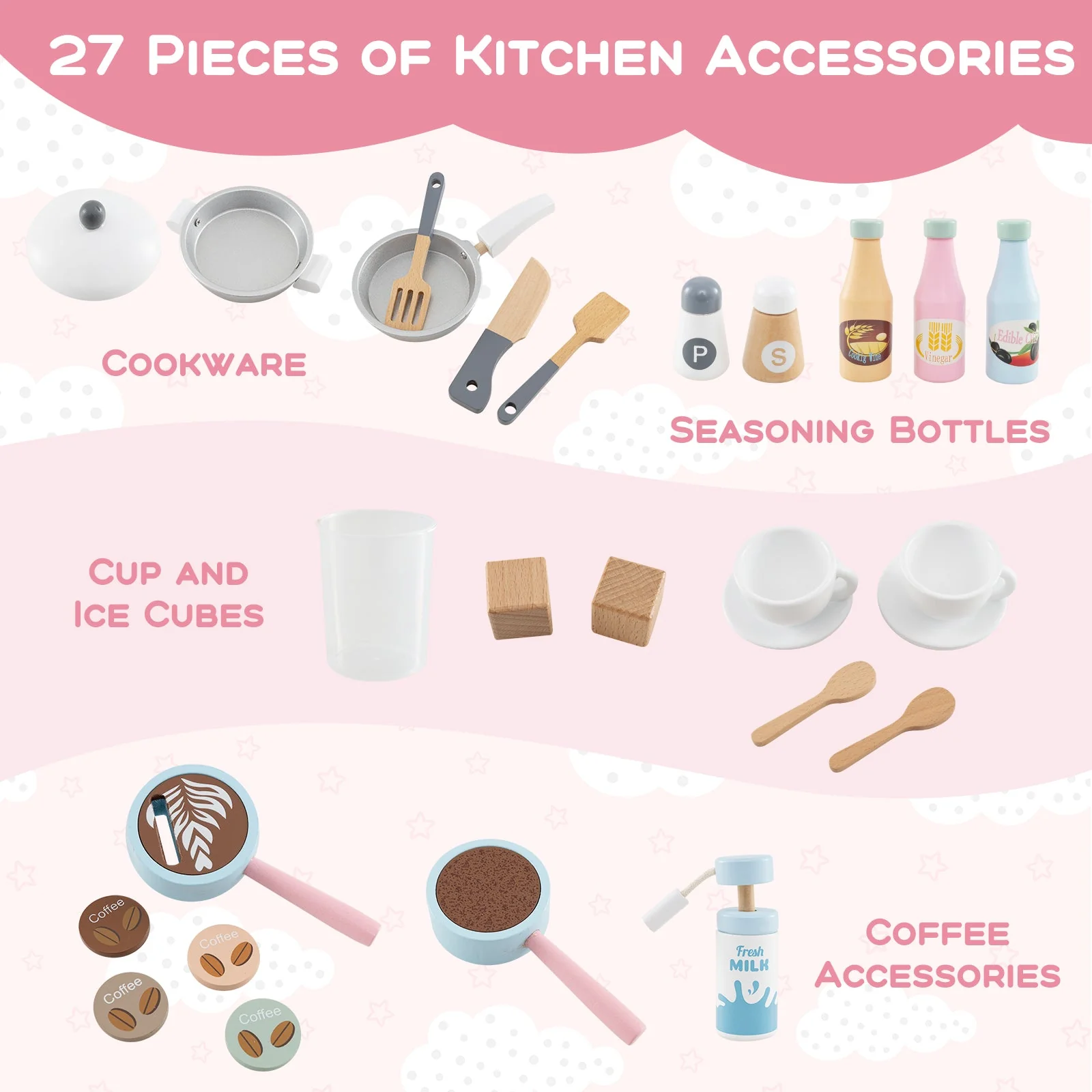 Kids Kitchen Set Wooden with Coffee Makers and Accessories-Pink - Image 8