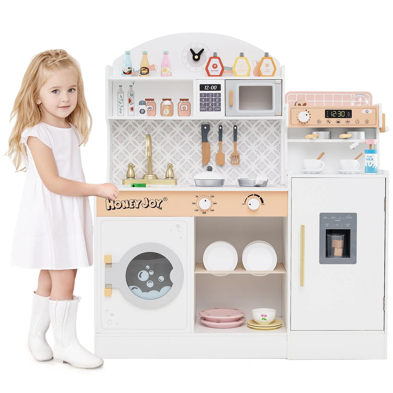 Kids Kitchen Set Wooden with Coffee Makers and Accessories-White - Image 3
