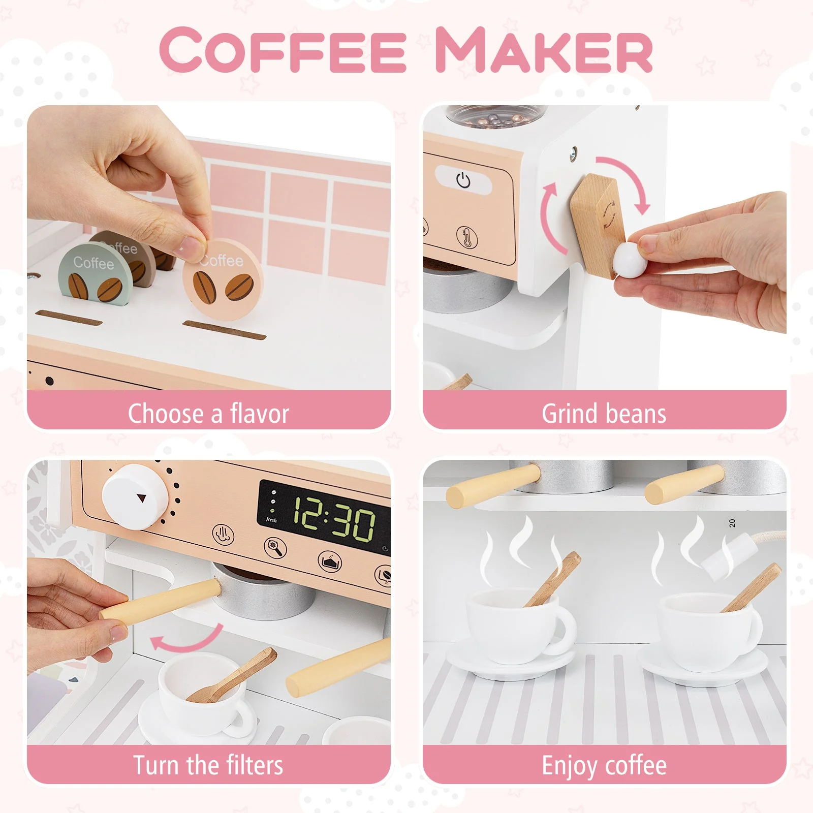 Kids Kitchen Set Wooden with Coffee Makers and Accessories-White - Image 5