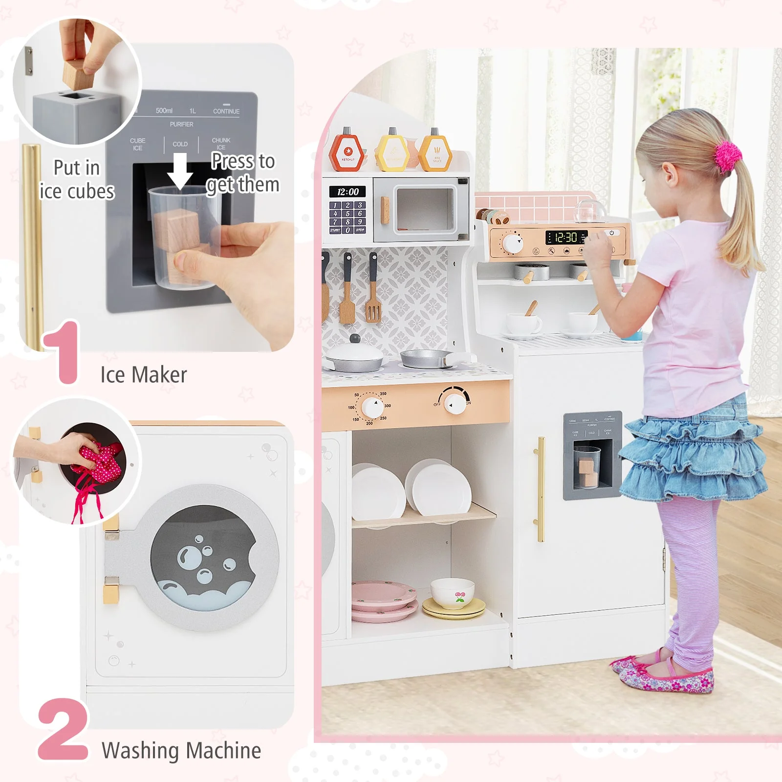 Kids Kitchen Set Wooden with Coffee Makers and Accessories-White - Image 6