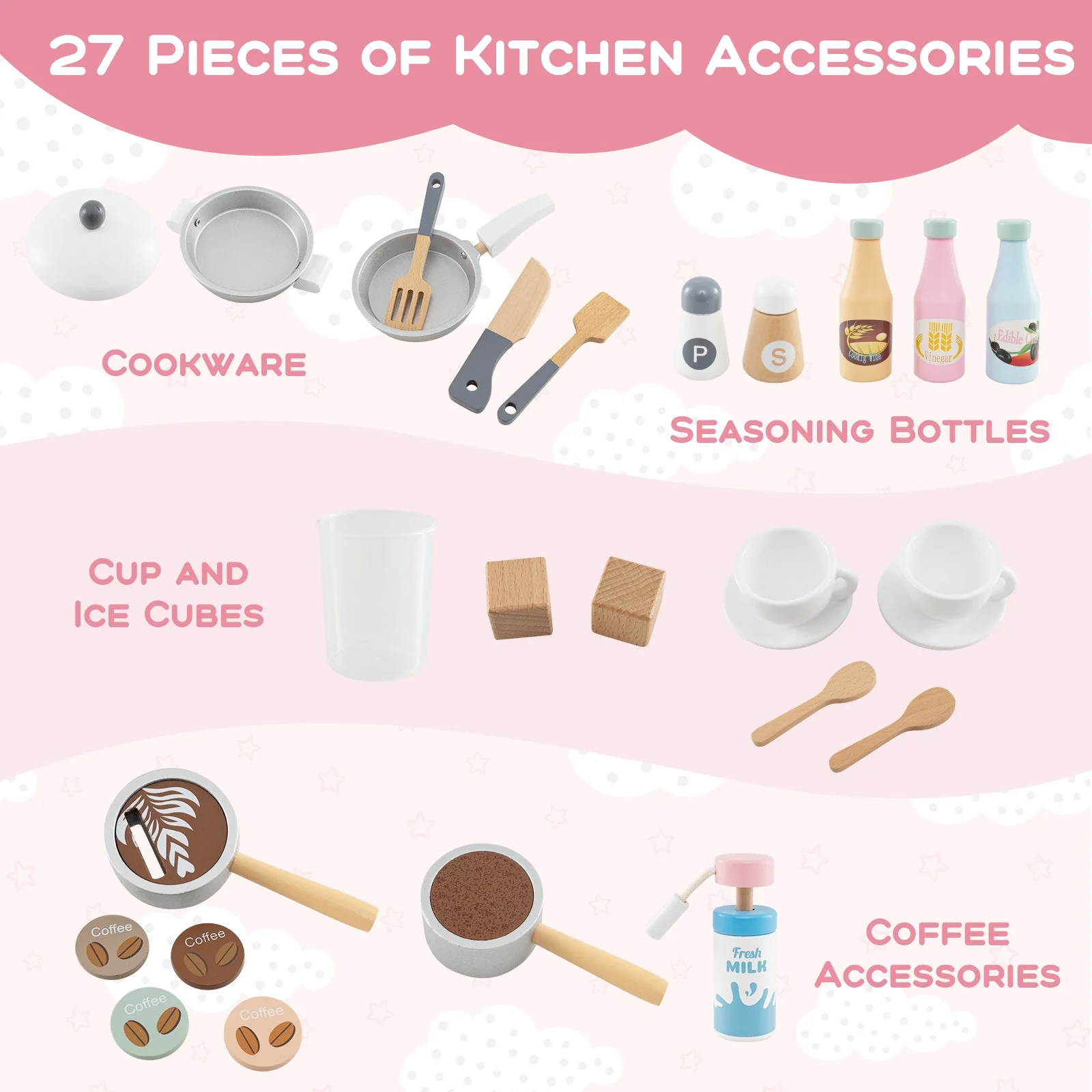 Kids Kitchen Set Wooden with Coffee Makers and Accessories-White - Image 8