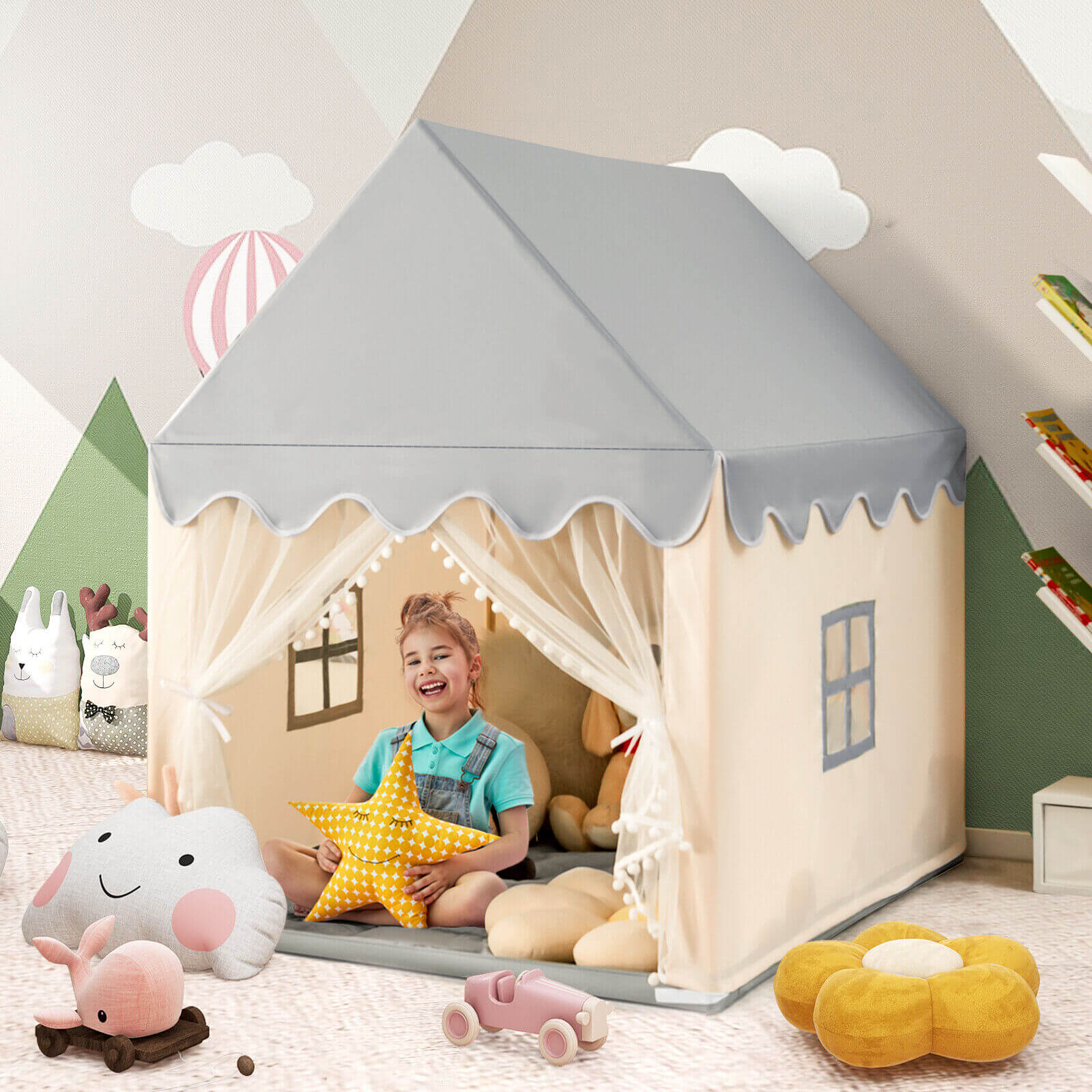 Kids Large Play Castle Fairy Tent with Mat-Beige - Image 2