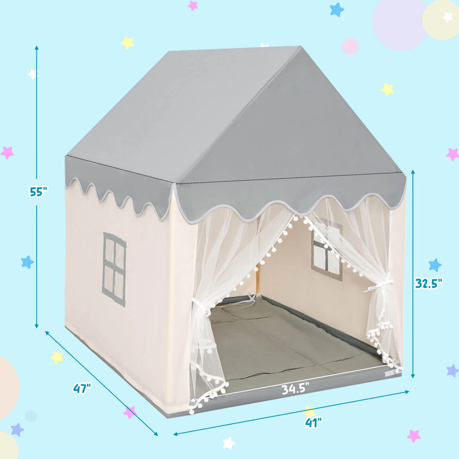 Kids Large Play Castle Fairy Tent with Mat-Beige - Image 4