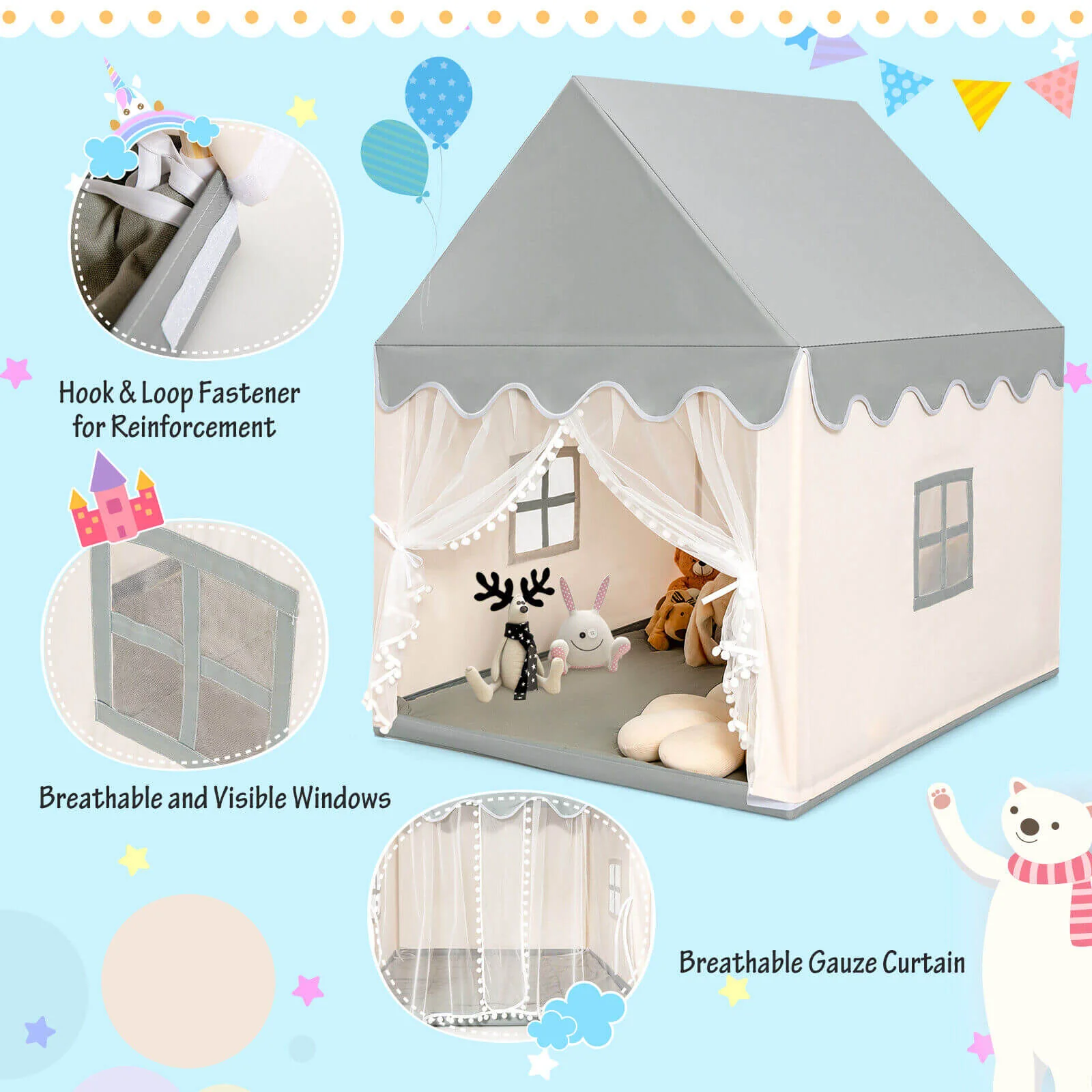 Kids Large Play Castle Fairy Tent with Mat-Beige - Image 6