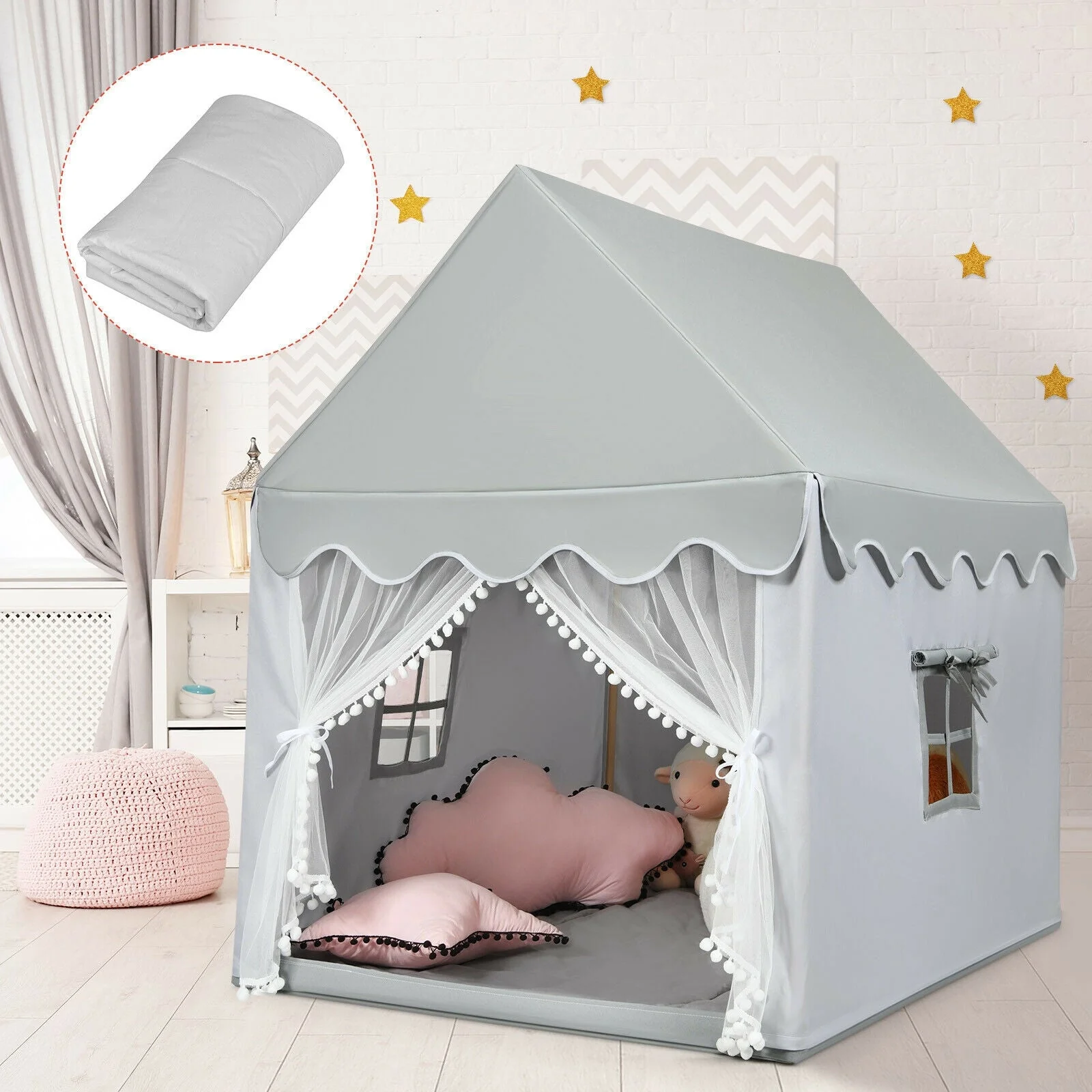 Kids Large Play Castle Fairy Tent with Mat-Gray - Image 2