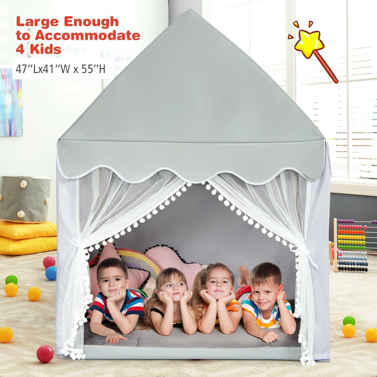 Kids Large Play Castle Fairy Tent with Mat-Gray - Image 5