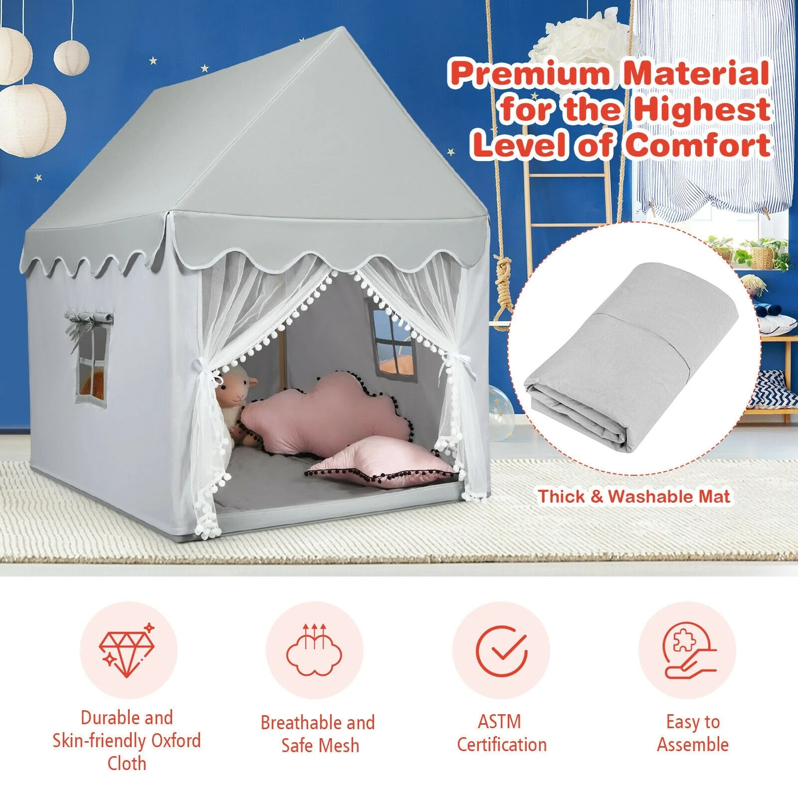 Kids Large Play Castle Fairy Tent with Mat-Gray - Image 7