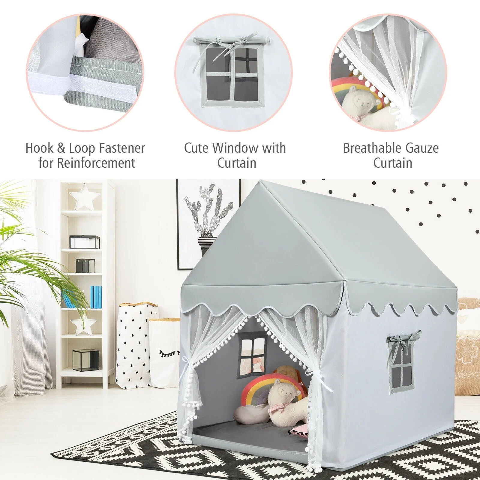 Kids Large Play Castle Fairy Tent with Mat-Gray - Image 8