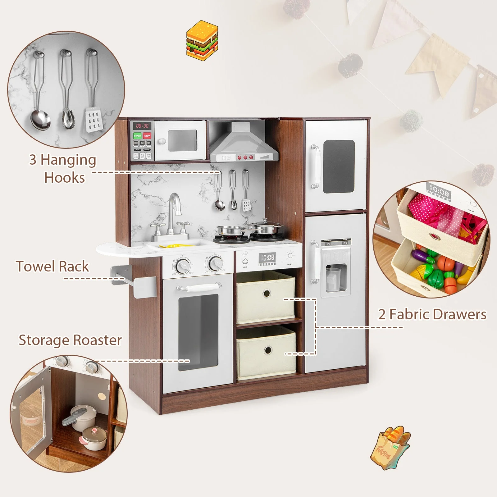 Kids Modern Toy Kitchen Playset with Attractive Lights and Sounds-Coffee - Image 7