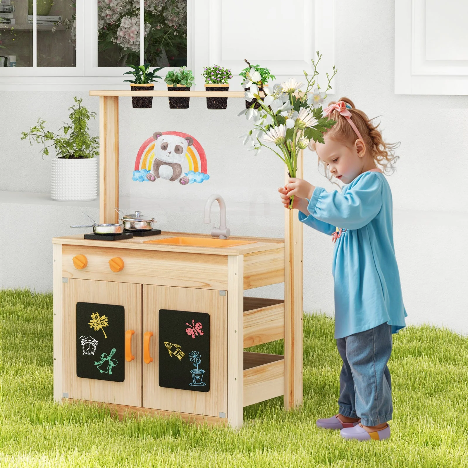 Kids Mud Kitchen Fir Wood Playset with Planting Pots and Blackboards-Natural - Image 2