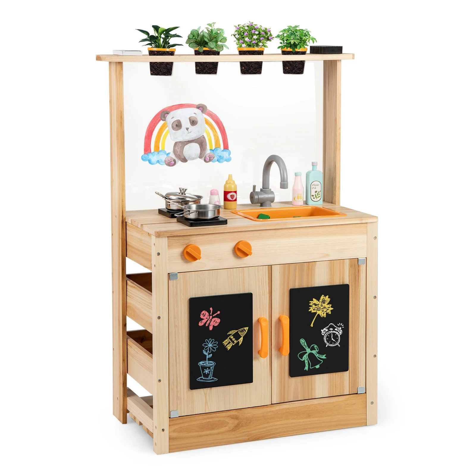 Kids Mud Kitchen Fir Wood Playset with Planting Pots and Blackboards-Natural - Image 3