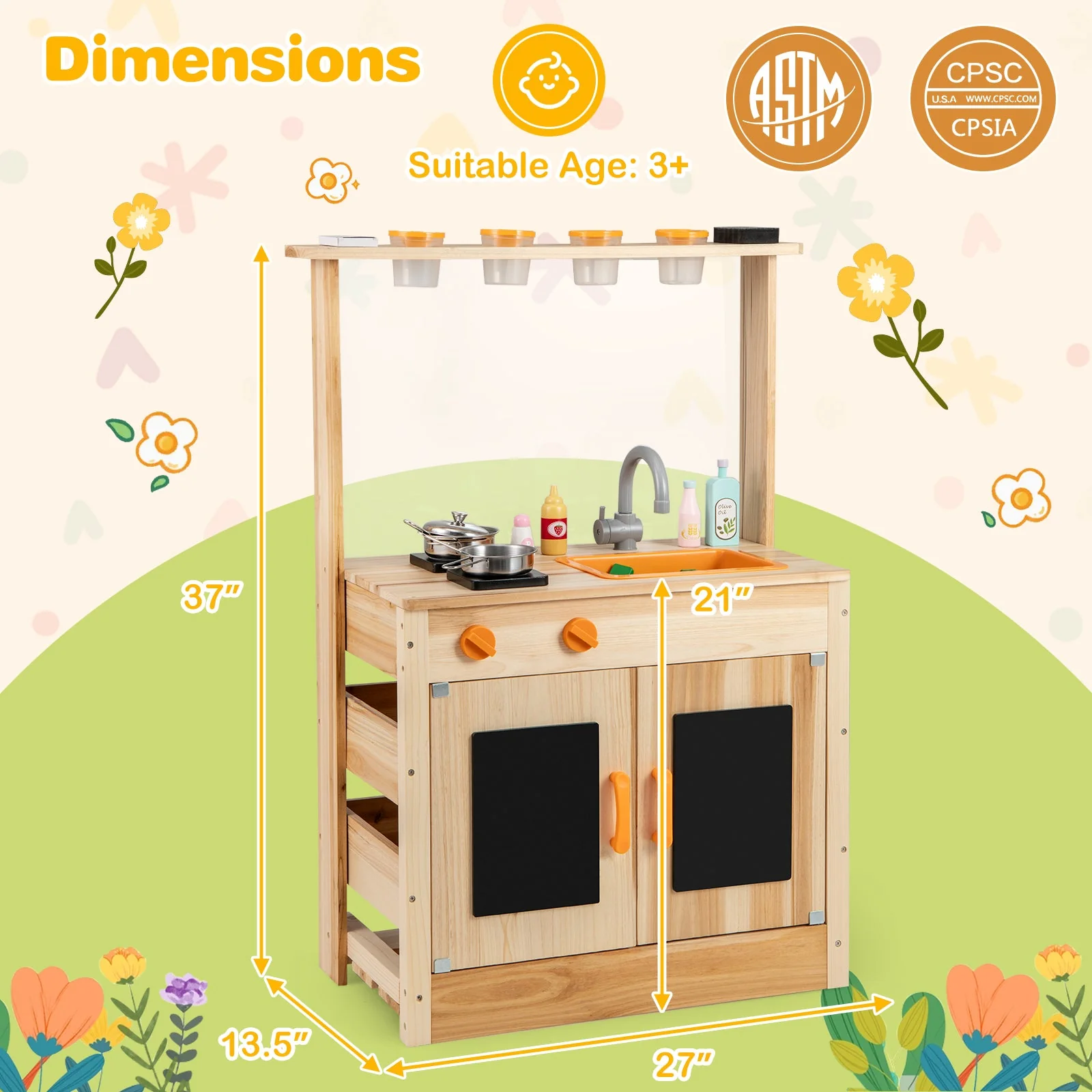 Kids Mud Kitchen Fir Wood Playset with Planting Pots and Blackboards-Natural - Image 4
