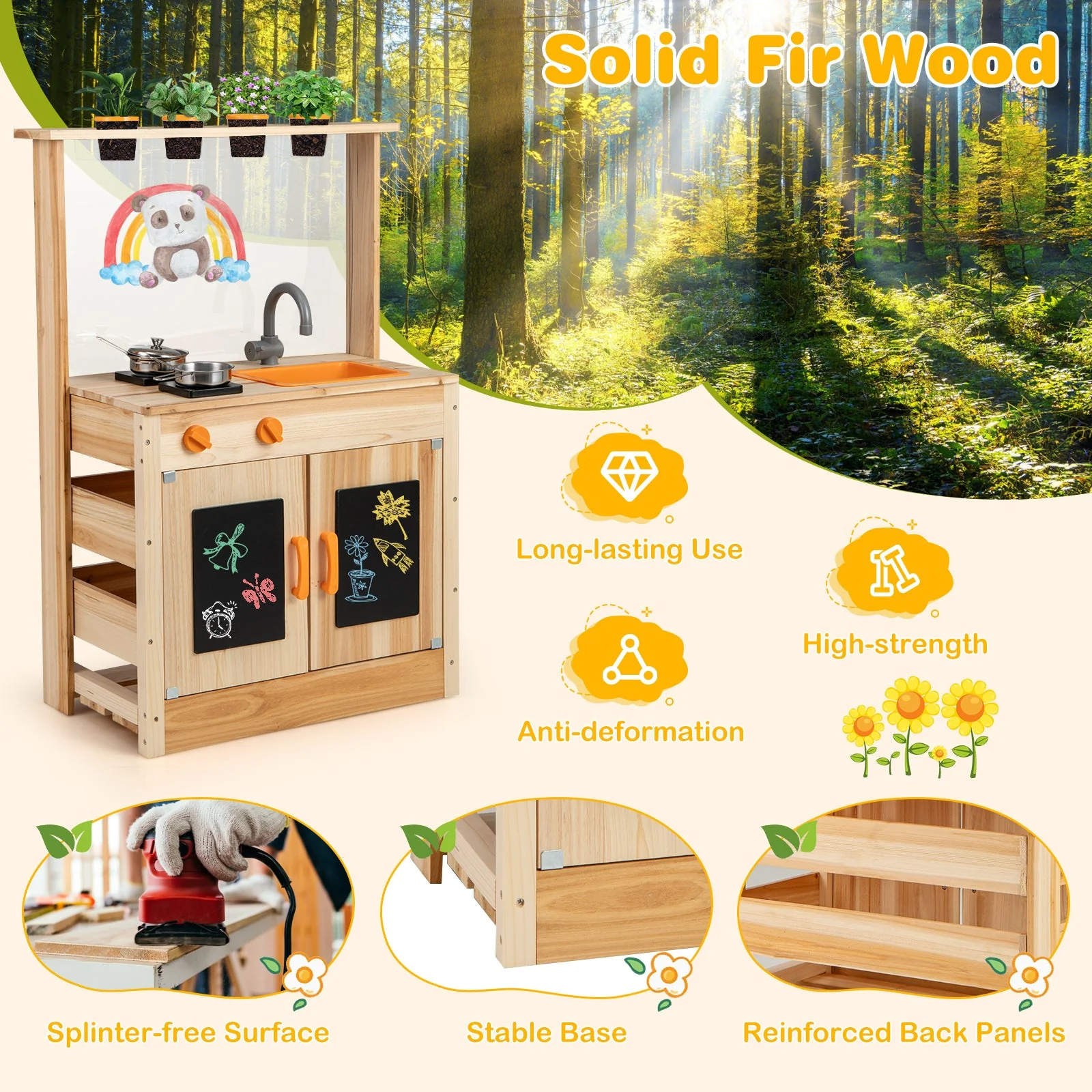 Kids Mud Kitchen Fir Wood Playset with Planting Pots and Blackboards-Natural - Image 5