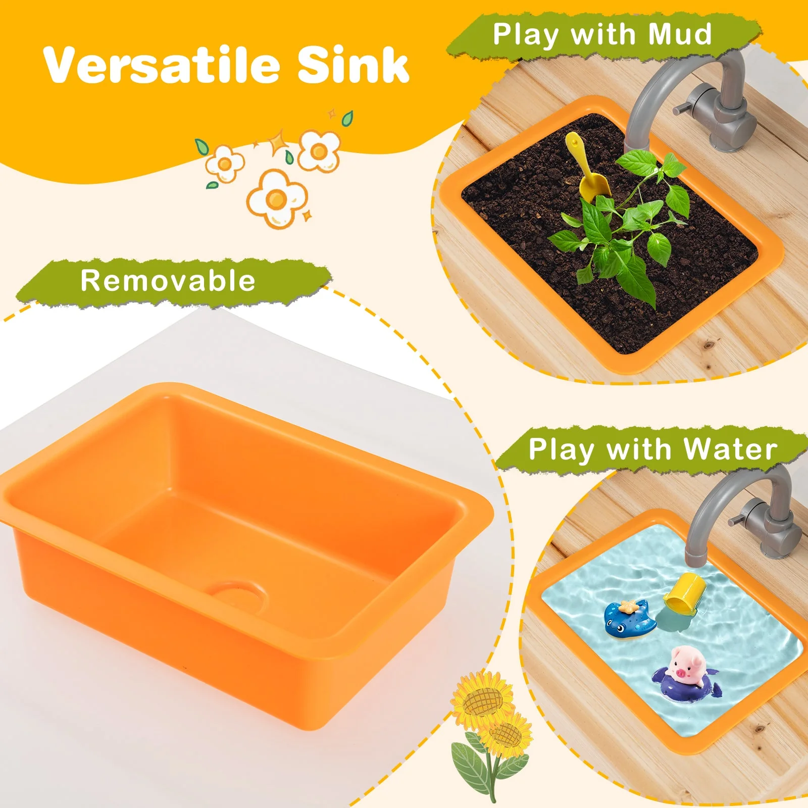 Kids Mud Kitchen Fir Wood Playset with Planting Pots and Blackboards-Natural - Image 6