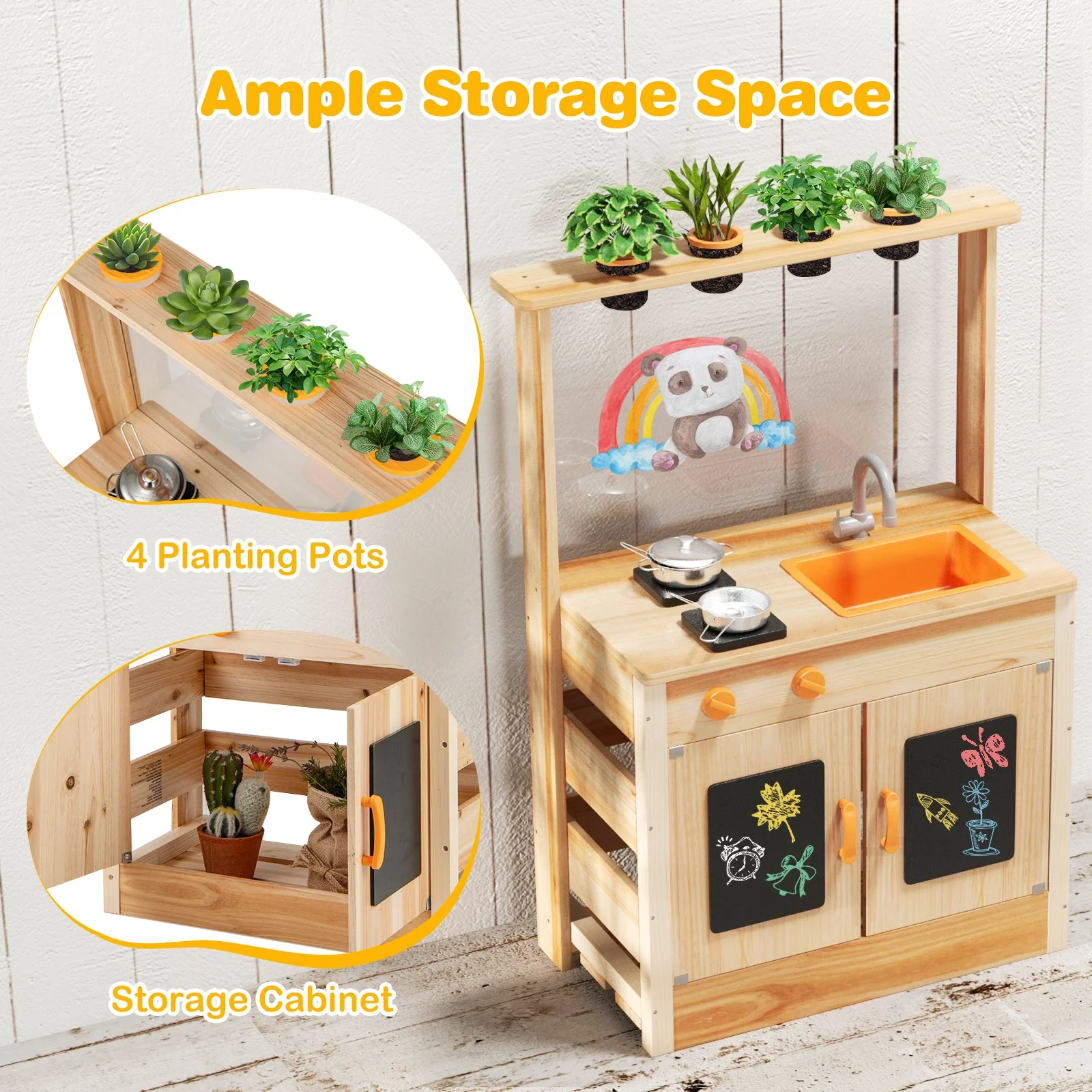 Kids Mud Kitchen Fir Wood Playset with Planting Pots and Blackboards-Natural - Image 7