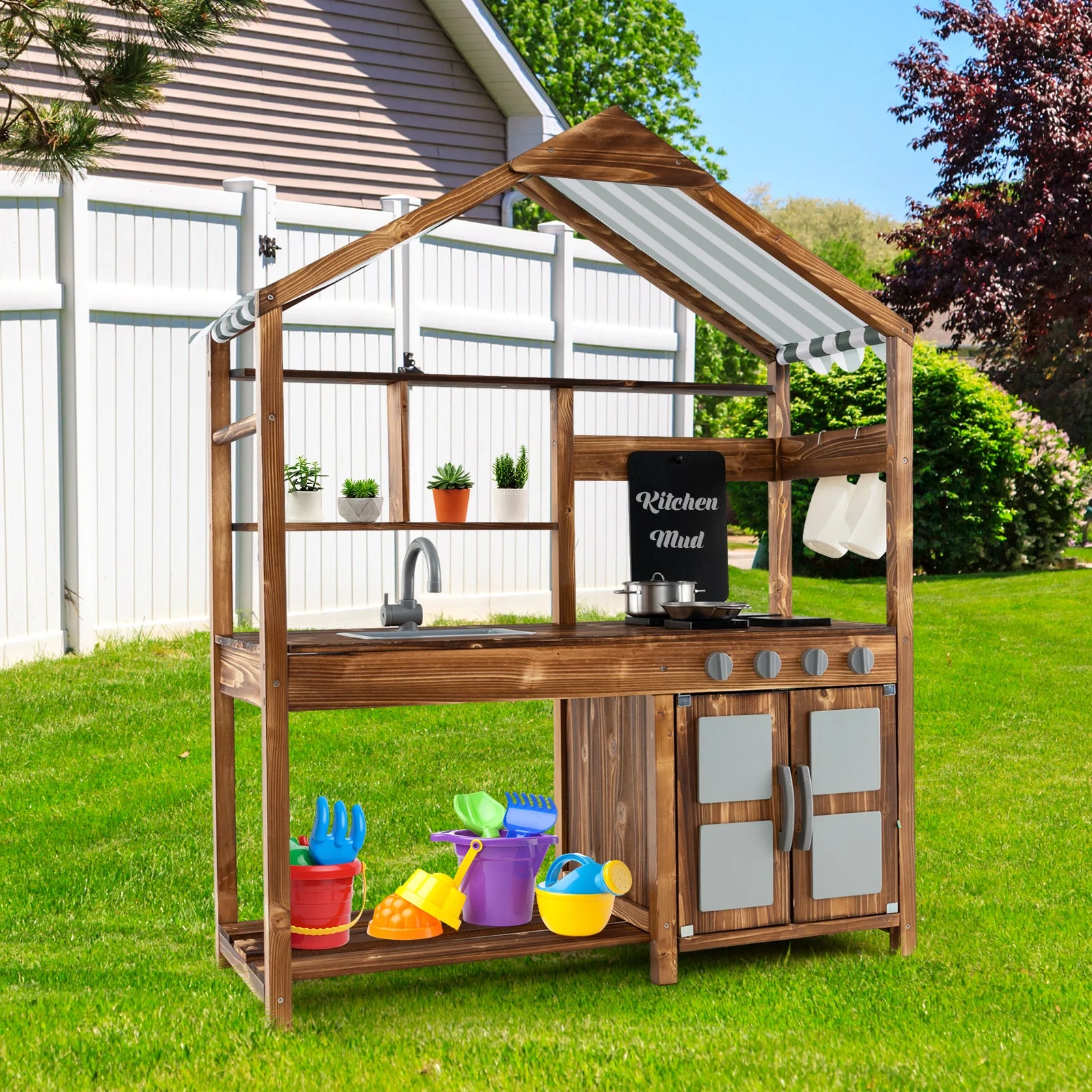 Kid's Mud Kitchen Outdoor Solid Wood Mud Kitchen with Canopy-Natural - Image 2