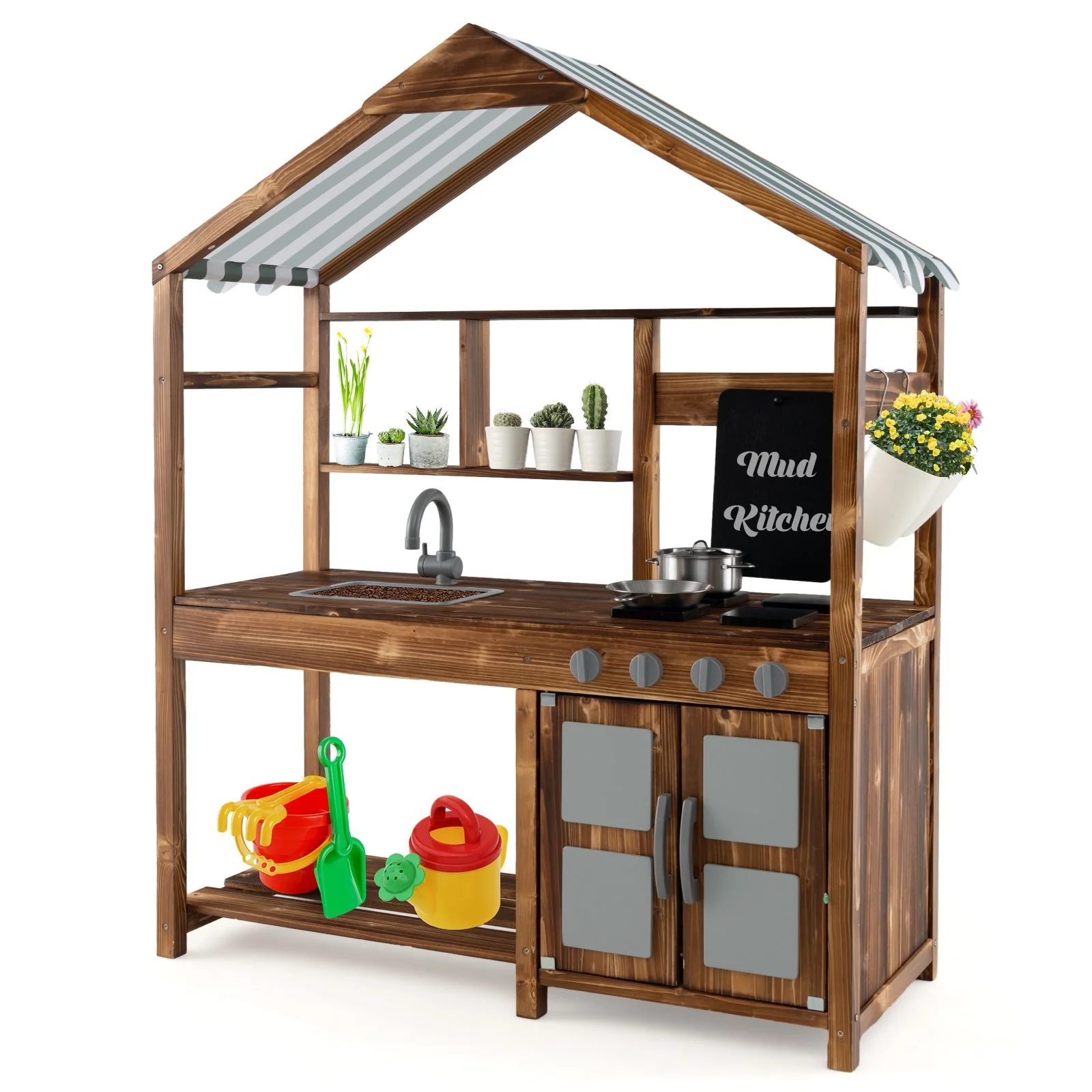 Kid's Mud Kitchen Outdoor Solid Wood Mud Kitchen with Canopy-Natural - Image 3