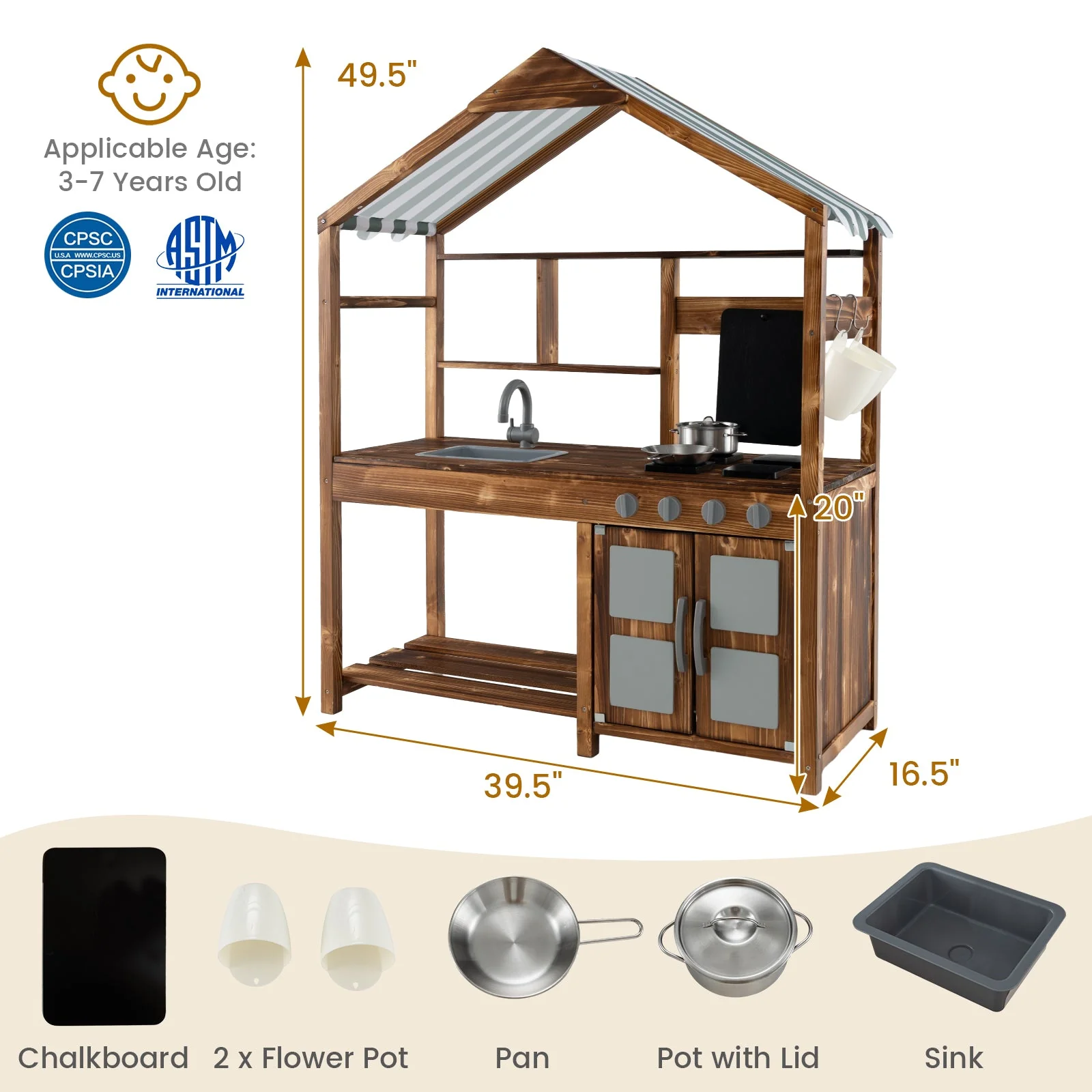 Kid's Mud Kitchen Outdoor Solid Wood Mud Kitchen with Canopy-Natural - Image 4
