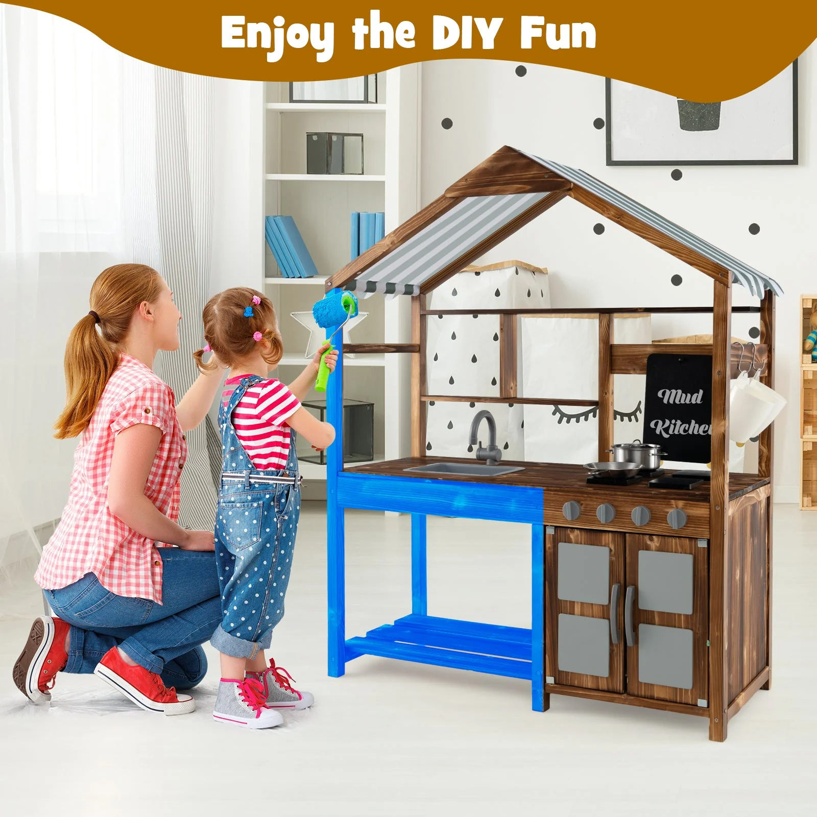 Kid's Mud Kitchen Outdoor Solid Wood Mud Kitchen with Canopy-Natural - Image 5