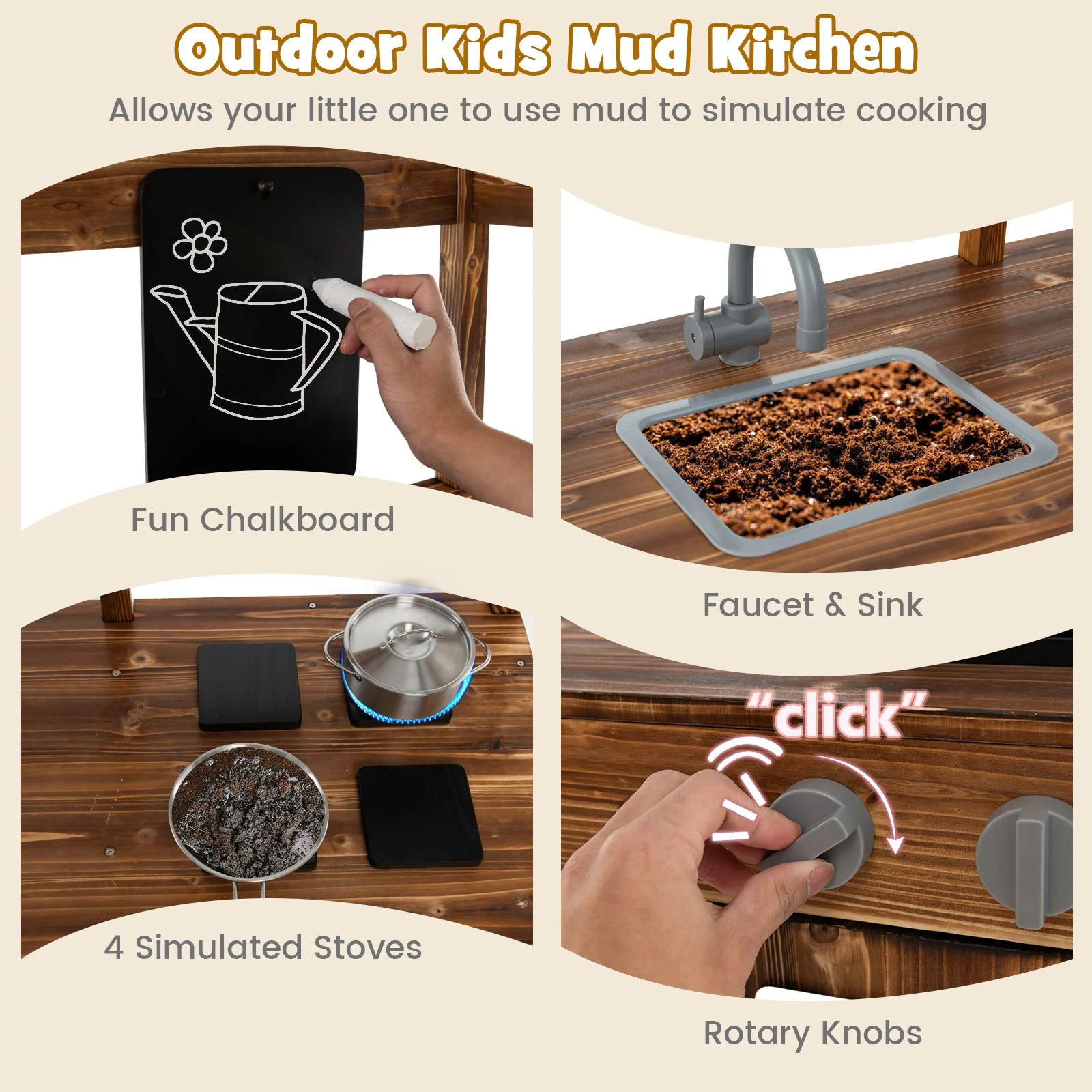 Kid's Mud Kitchen Outdoor Solid Wood Mud Kitchen with Canopy-Natural - Image 6