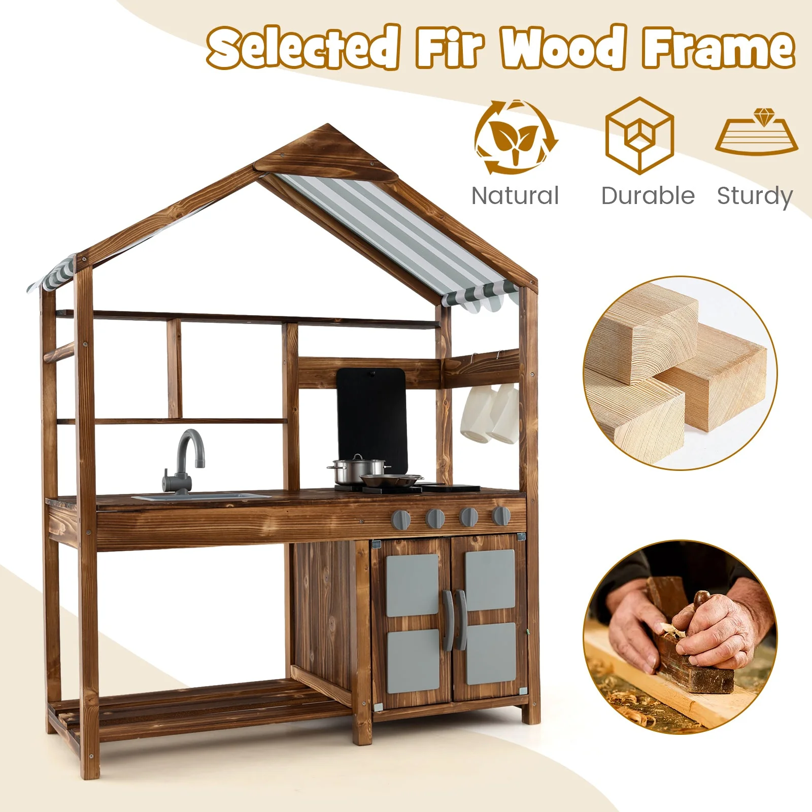 Kid's Mud Kitchen Outdoor Solid Wood Mud Kitchen with Canopy-Natural - Image 7
