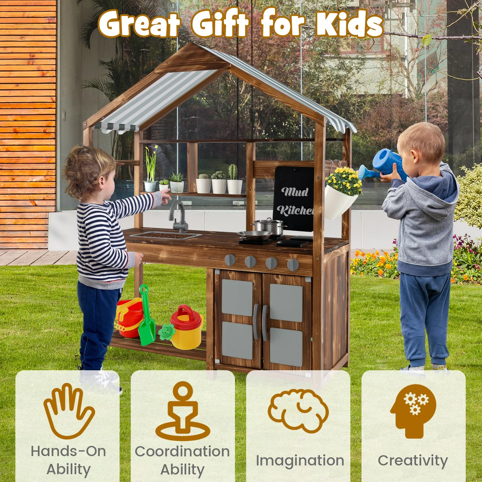 Kid's Mud Kitchen Outdoor Solid Wood Mud Kitchen with Canopy-Natural - Image 8