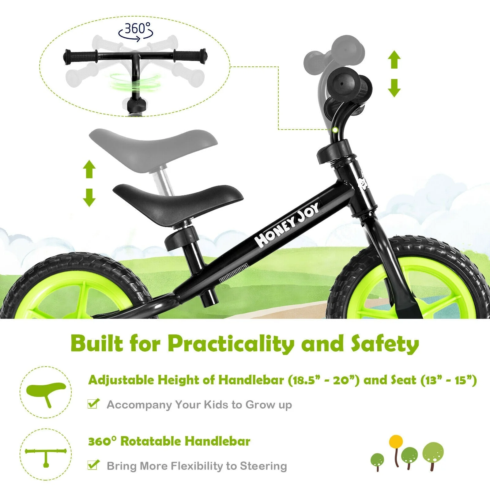 Kids No Pedal Balance Bike with Adjustable Handlebar and Seat-Black - Image 7