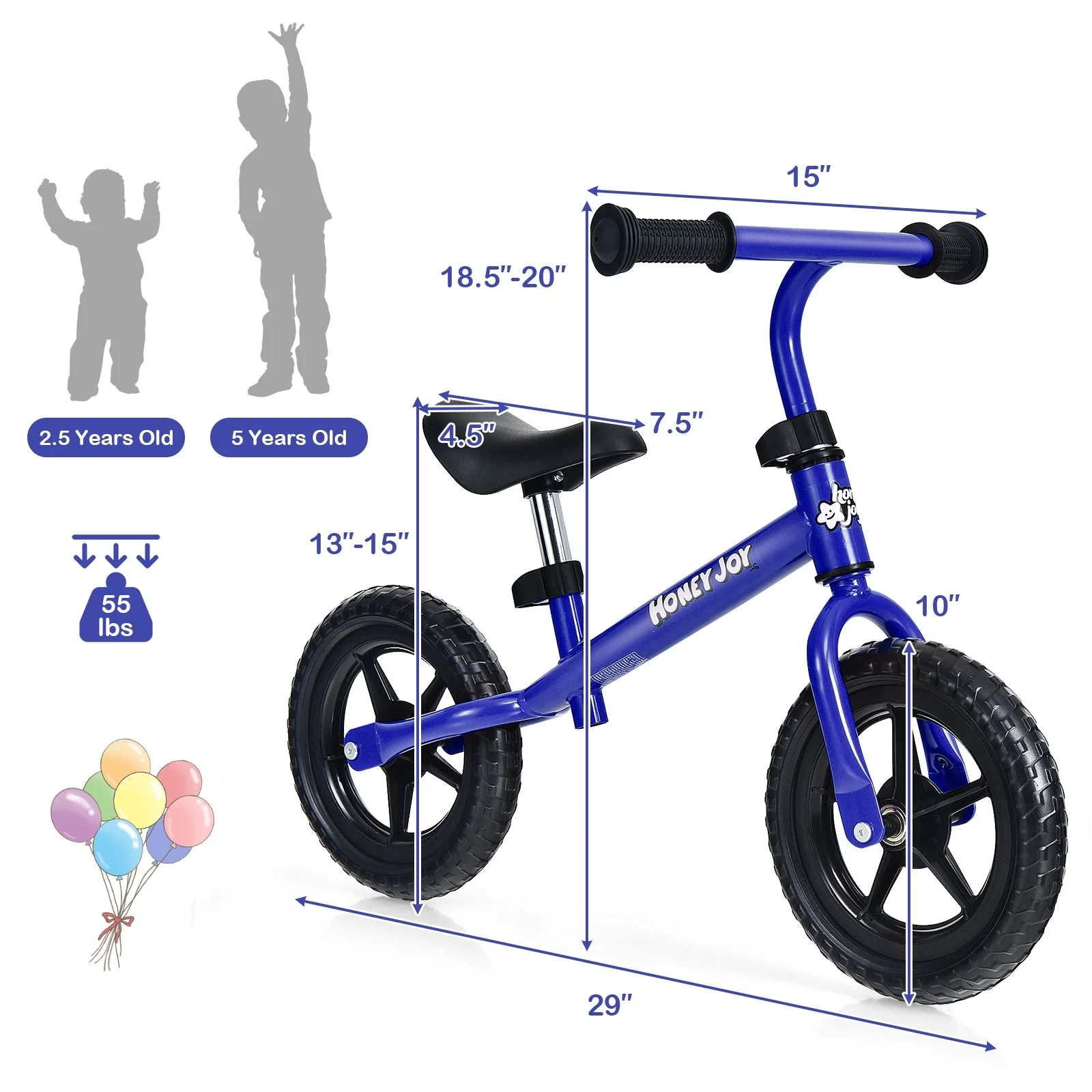 Kids No Pedal Balance Bike with Adjustable Handlebar and Seat-Blue - Image 5