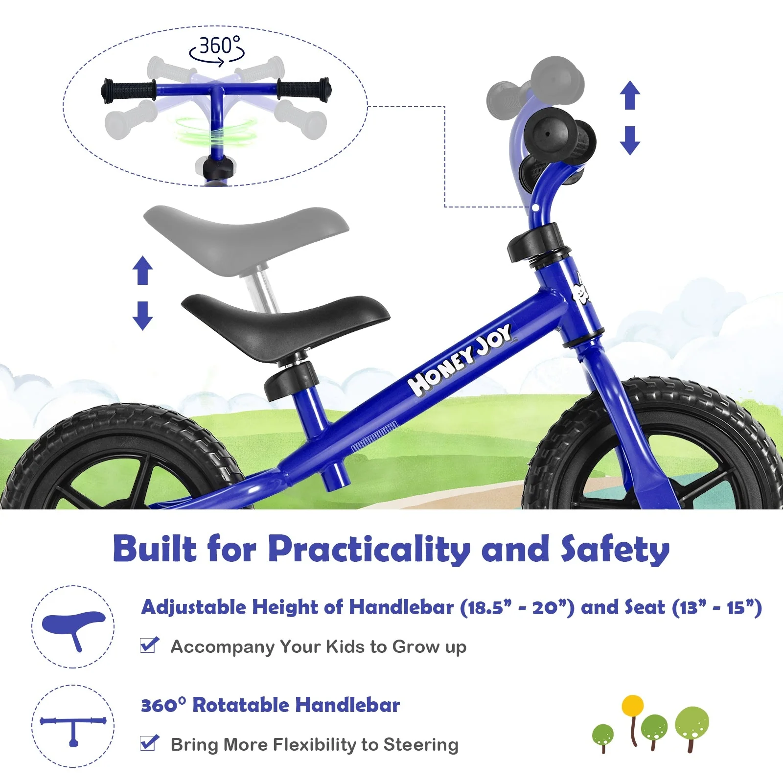 Kids No Pedal Balance Bike with Adjustable Handlebar and Seat-Blue - Image 7
