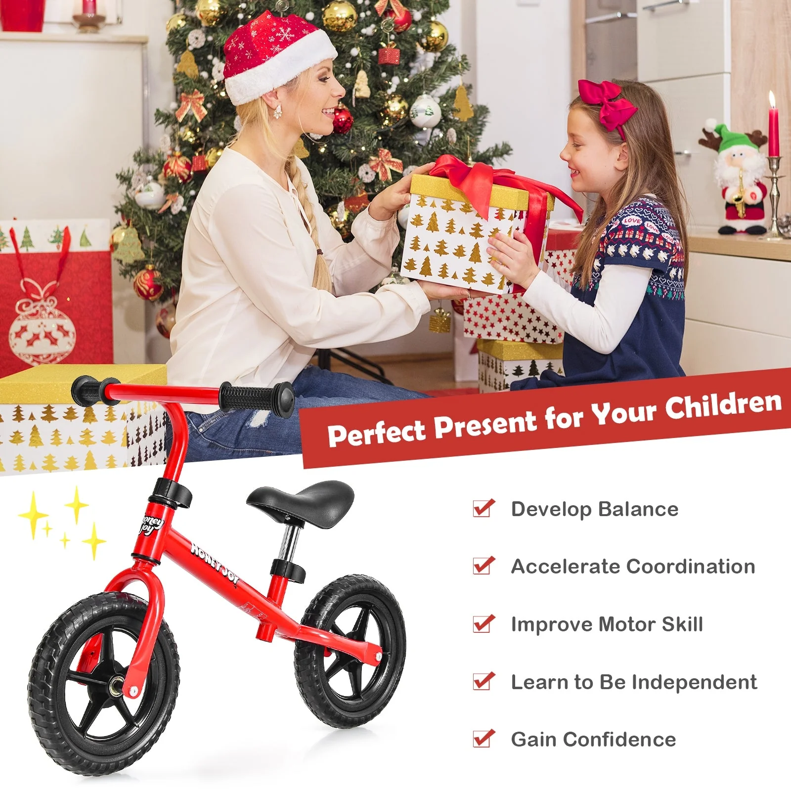 Kids No Pedal Balance Bike with Adjustable Handlebar and Seat-Red - Image 2