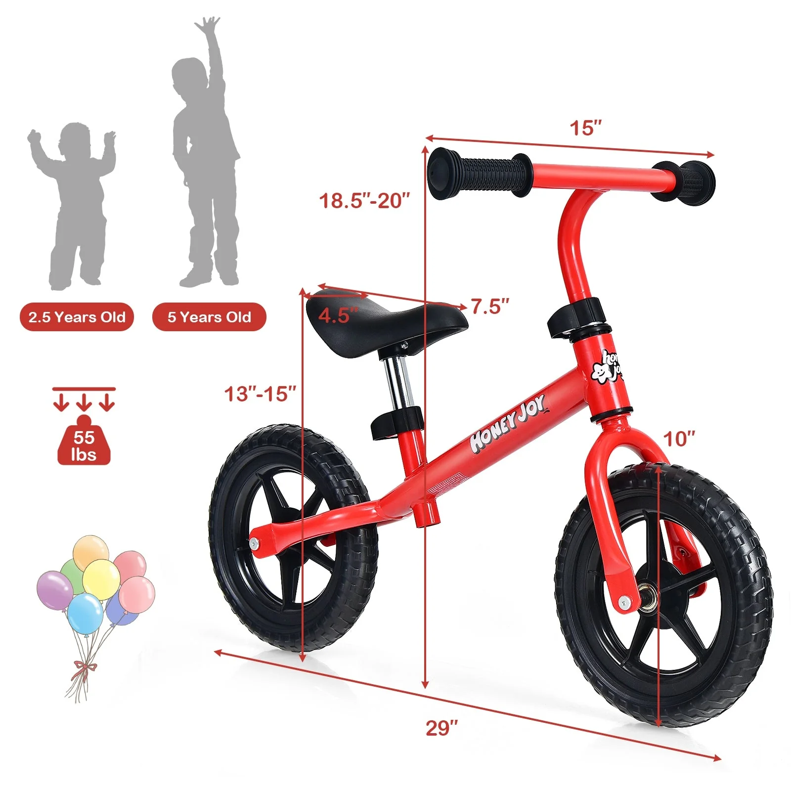 Kids No Pedal Balance Bike with Adjustable Handlebar and Seat-Red - Image 4